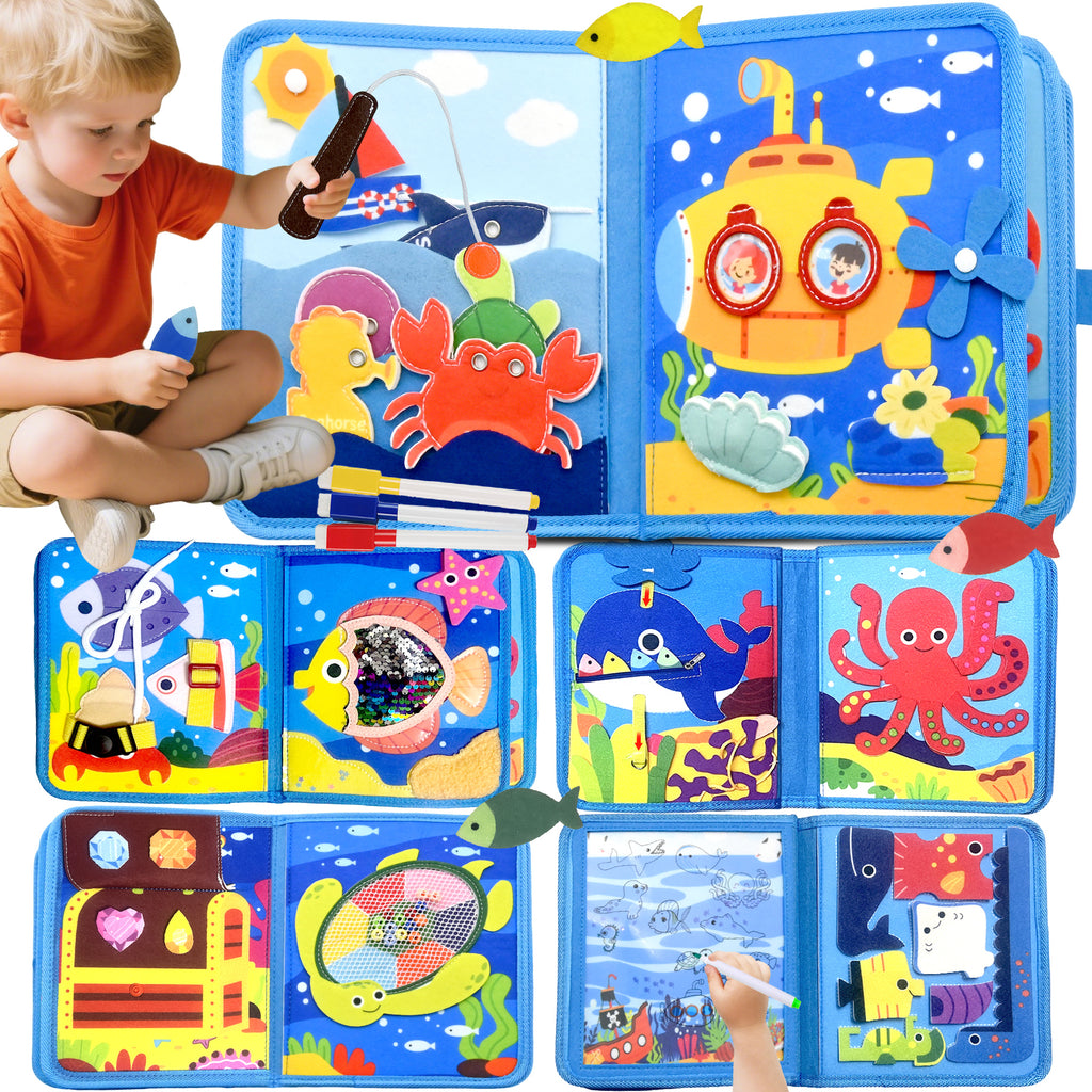 Meafeng Busy Board Toy from 1 2 3 Years, Sea Theme Quiet Book Toy from 2 Years, Activity Board for Travel Car Plane, Motor Skills Toy Children's Toy, Busy Book Gift Boys Girls