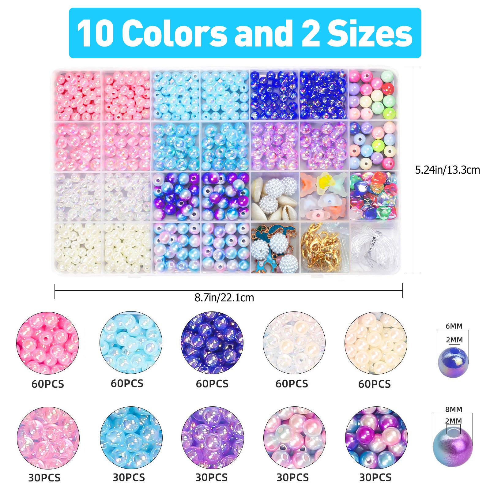 Meafeng Pearl Beads for Jewelry Making, 600+Pcs Assorted Round Beads Mermaid Friendship Bracelet Kit for Girls Age 6-12, 6-8mm