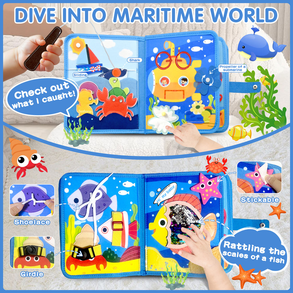 Meafeng Busy Board Toy from 1 2 3 Years, Sea Theme Quiet Book Toy from 2 Years, Activity Board for Travel Car Plane, Motor Skills Toy Children's Toy, Busy Book Gift Boys Girls