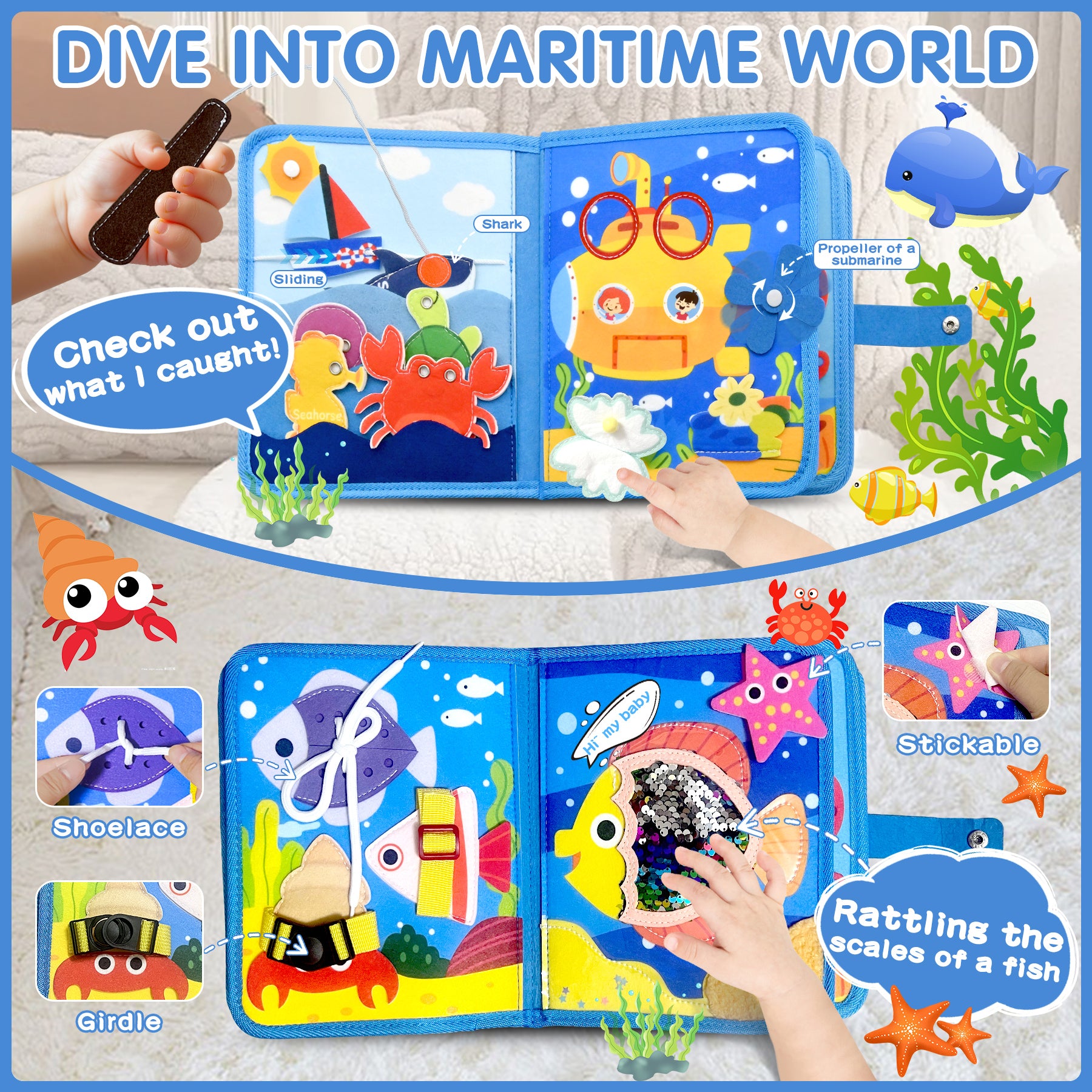 Meafeng Busy Board Toy from 1 2 3 Years, Sea Theme Quiet Book Toy from 2 Years, Activity Board for Travel Car Plane, Motor Skills Toy Children's Toy, Busy Book Gift Boys Girls