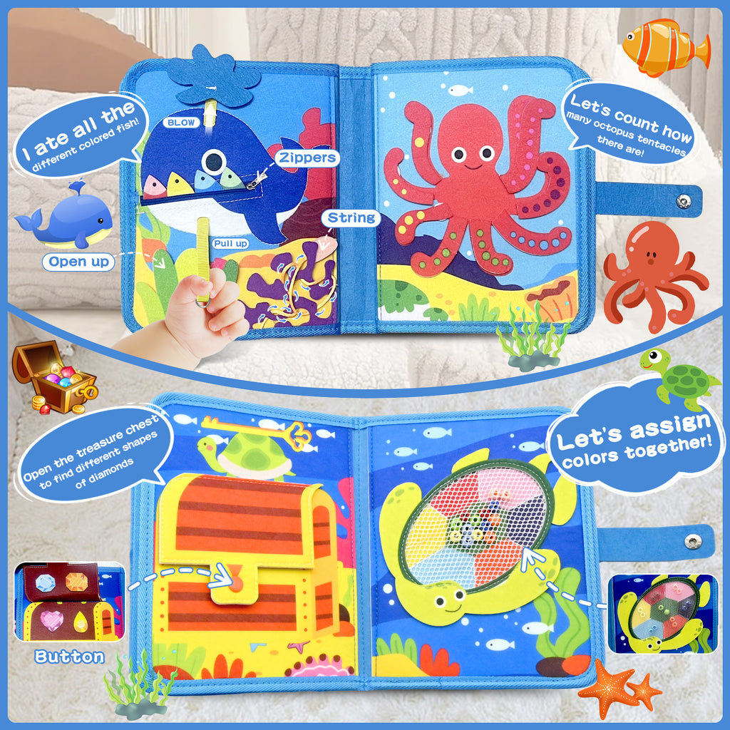 Meafeng Busy Board Toy from 1 2 3 Years, Sea Theme Quiet Book Toy from 2 Years, Activity Board for Travel Car Plane, Motor Skills Toy Children's Toy, Busy Book Gift Boys Girls