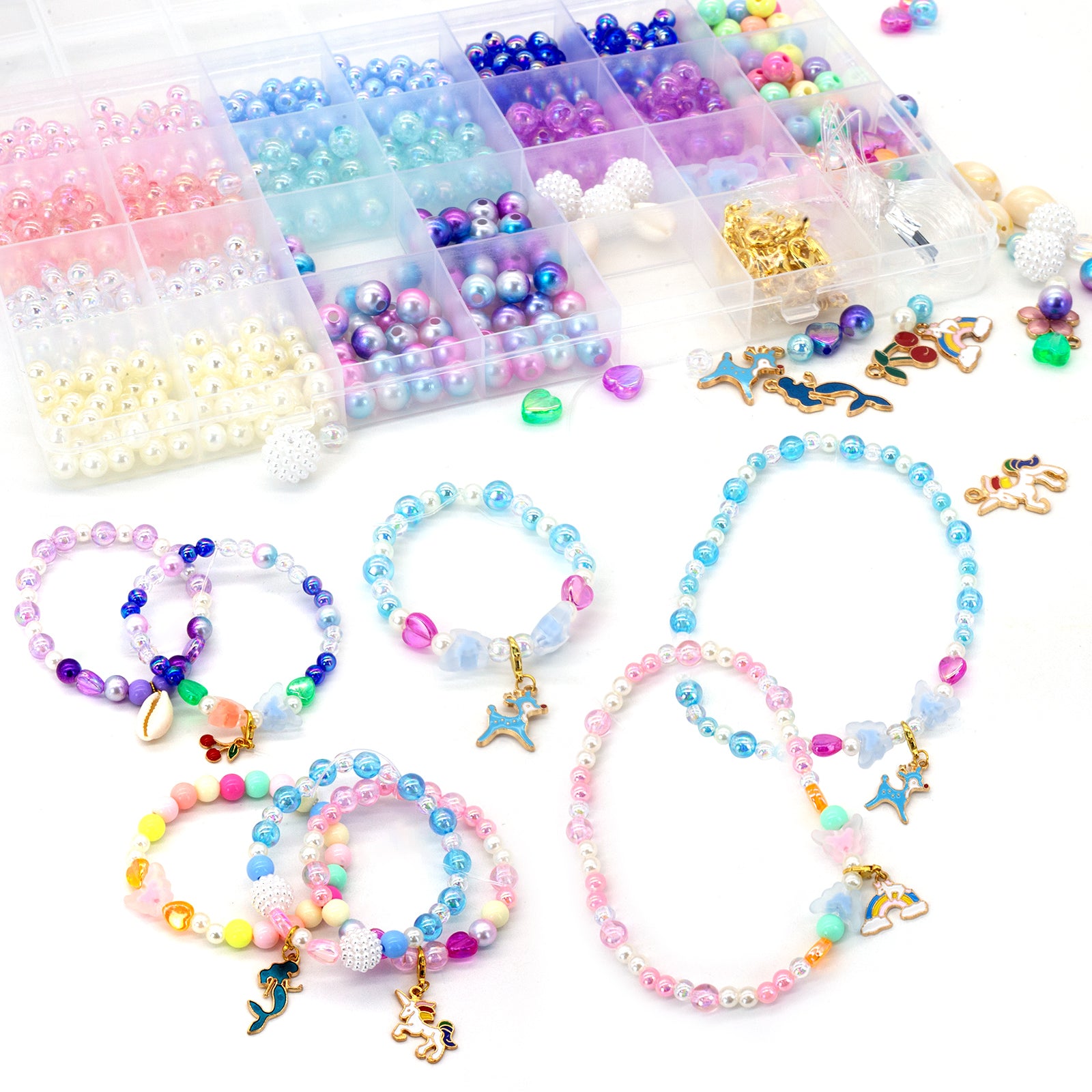 Meafeng Pearl Beads for Jewelry Making, 600+Pcs Assorted Round Beads Mermaid Friendship Bracelet Kit for Girls Age 6-12, 6-8mm