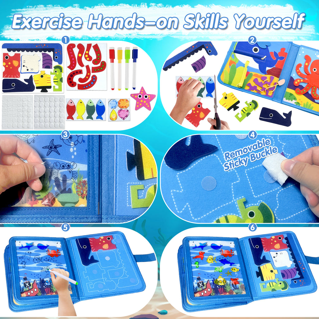 Meafeng Busy Board Toy from 1 2 3 Years, Sea Theme Quiet Book Toy from 2 Years, Activity Board for Travel Car Plane, Motor Skills Toy Children's Toy, Busy Book Gift Boys Girls