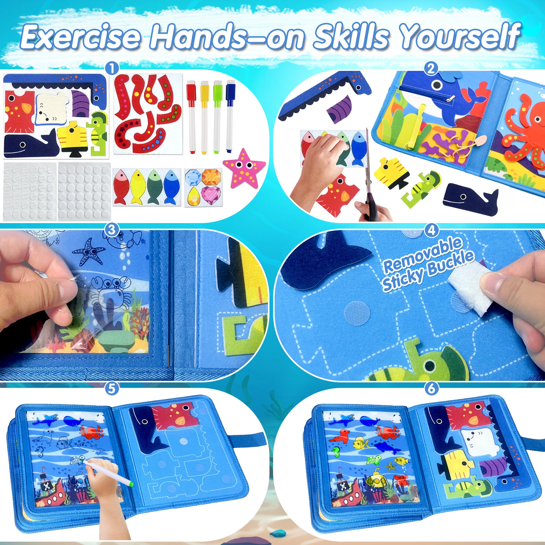 Meafeng Busy Board Toy from 1 2 3 Years, Sea Theme Quiet Book Toy from 2 Years, Activity Board for Travel Car Plane, Motor Skills Toy Children's Toy, Busy Book Gift Boys Girls