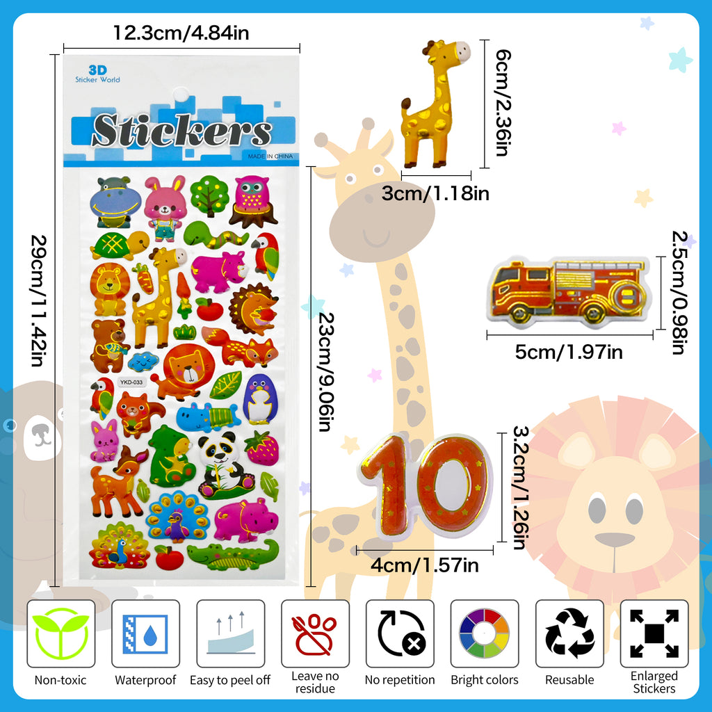 3D Stickers for Kids Toddlers 12 Sheets, 379 Pcs Gold Stamping Puffy Stickers for Boys Girls, Preschool Sticker for Reward, Scrapbooking Including Animal, Letters, Numbers, Dinosaurs, Cars and More