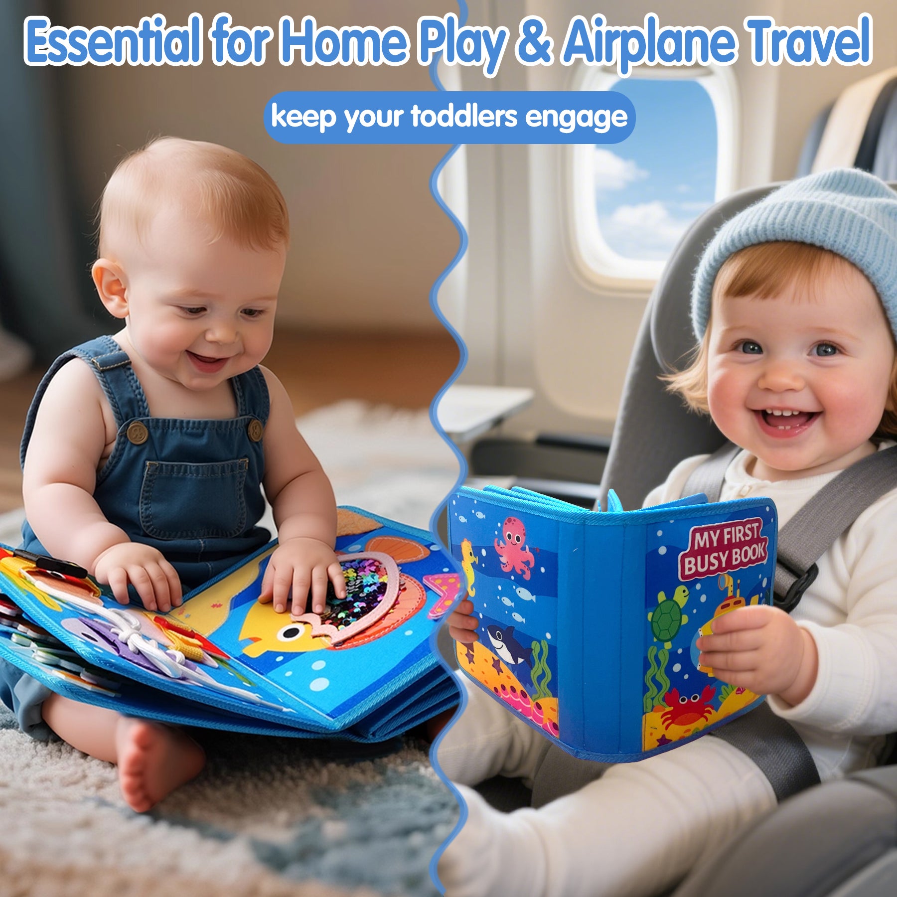 Meafeng Busy Board Toy from 1 2 3 Years, Sea Theme Quiet Book Toy from 2 Years, Activity Board for Travel Car Plane, Motor Skills Toy Children's Toy, Busy Book Gift Boys Girls