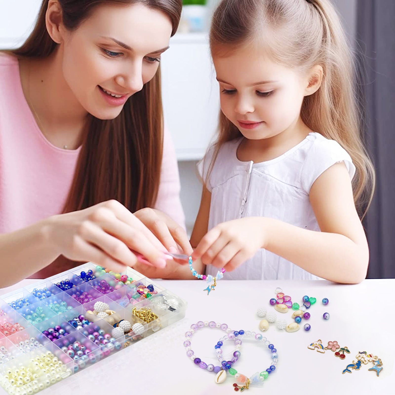 Meafeng Pearl Beads for Jewelry Making, 600+Pcs Assorted Round Beads Mermaid Friendship Bracelet Kit for Girls Age 6-12, 6-8mm