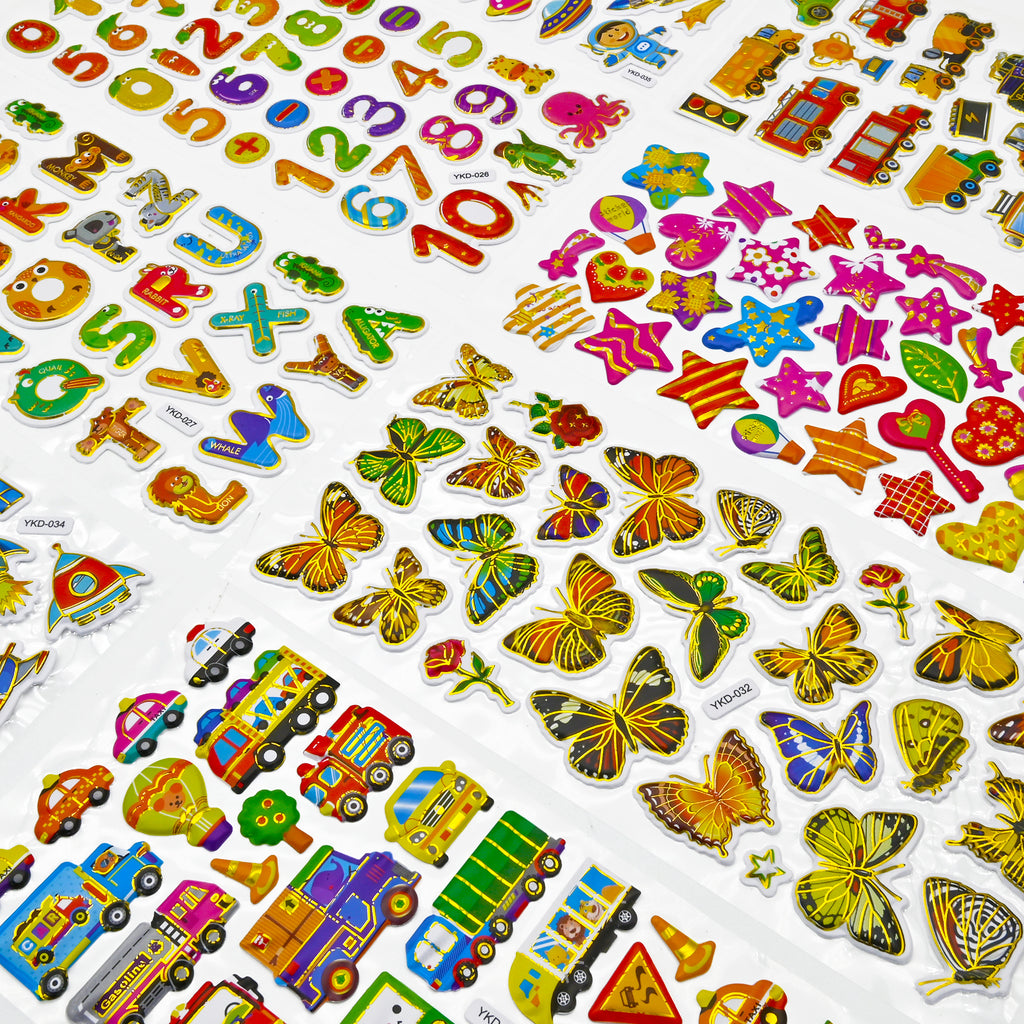 3D Stickers for Kids Toddlers 12 Sheets, 379 Pcs Gold Stamping Puffy Stickers for Boys Girls, Preschool Sticker for Reward, Scrapbooking Including Animal, Letters, Numbers, Dinosaurs, Cars and More