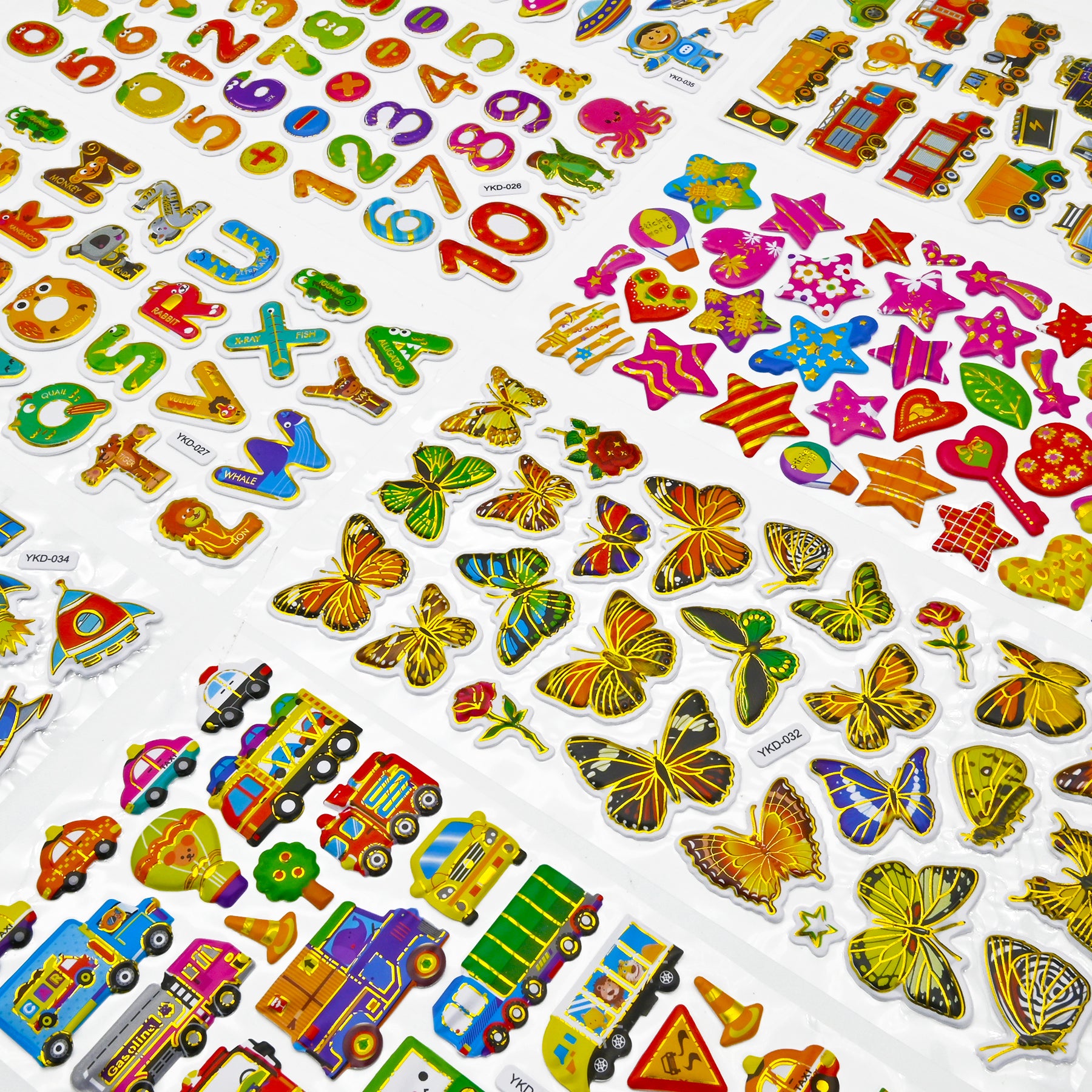3D Stickers for Kids Toddlers 12 Sheets, 379 Pcs Gold Stamping Puffy Stickers for Boys Girls, Preschool Sticker for Reward, Scrapbooking Including Animal, Letters, Numbers, Dinosaurs, Cars and More