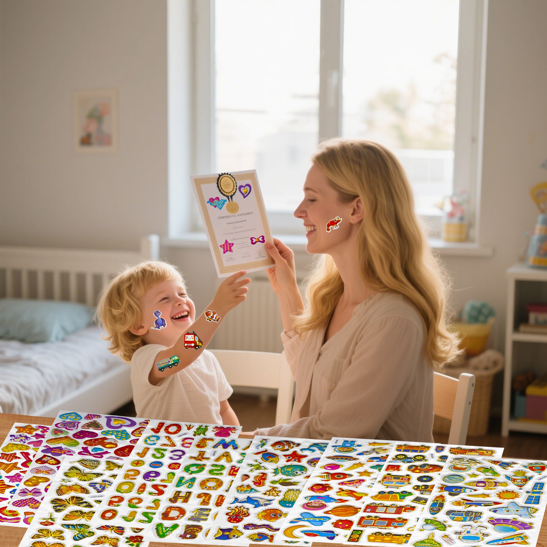 3D Stickers for Kids Toddlers 12 Sheets, 379 Pcs Gold Stamping Puffy Stickers for Boys Girls, Preschool Sticker for Reward, Scrapbooking Including Animal, Letters, Numbers, Dinosaurs, Cars and More