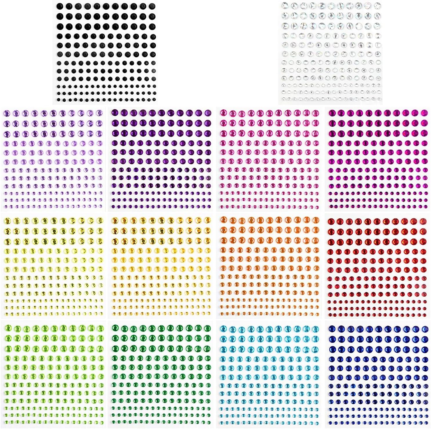 Multicolor Round Adhesive Gemstone Stickers, 2310pcs Bling Gems Rhinestones for Crafting, Face Jewels for Kids & Adults 3-6mm
