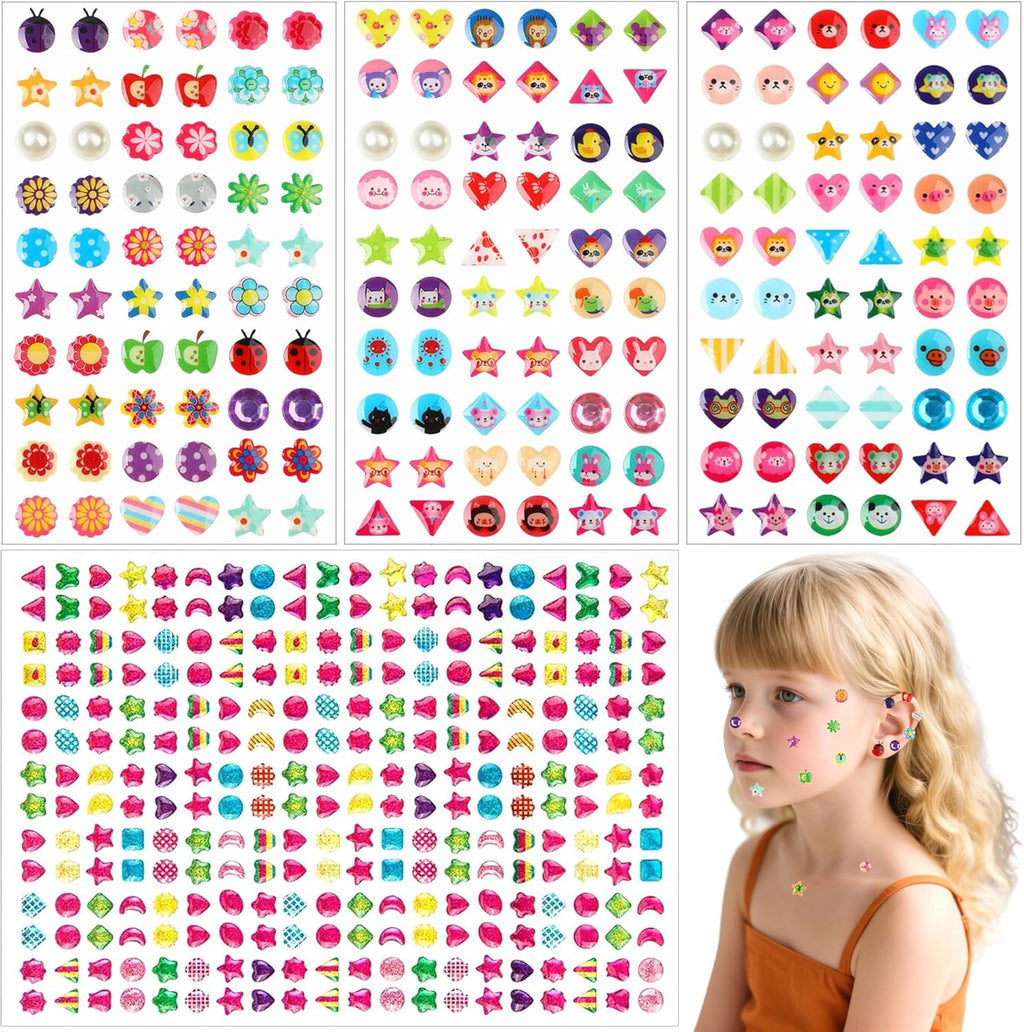 Meafeng Sticker Earrings for Girls, 460PCS Stick on Earrings for Kids Ages 4-8, 3D Gems Glitter Crystal Stickers