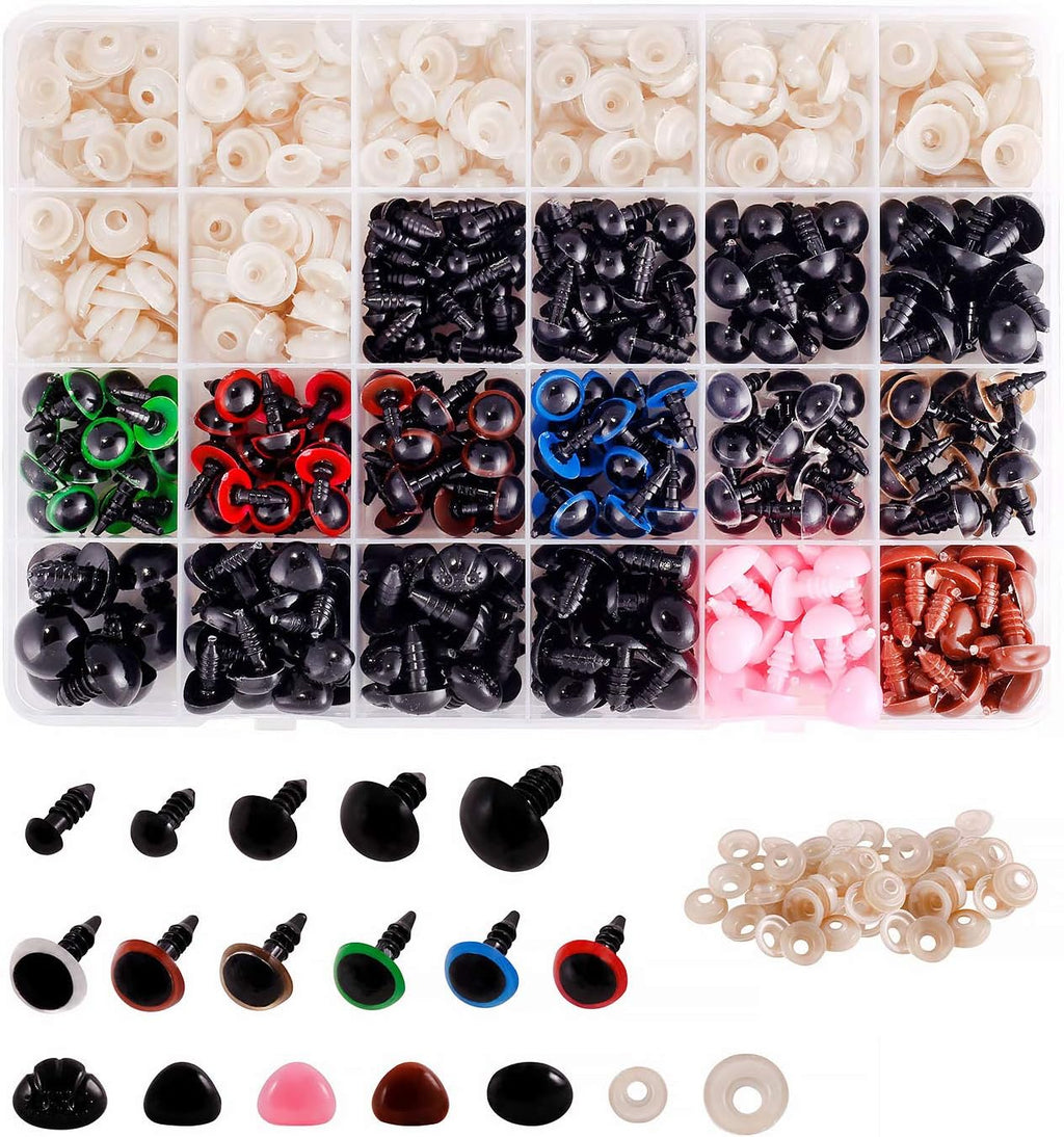 600Pcs Doll Plastic Safety Eyes and Noses with Washers for Crocheting Stuffed Animals Multicolor Round & Oval (6-14mm)