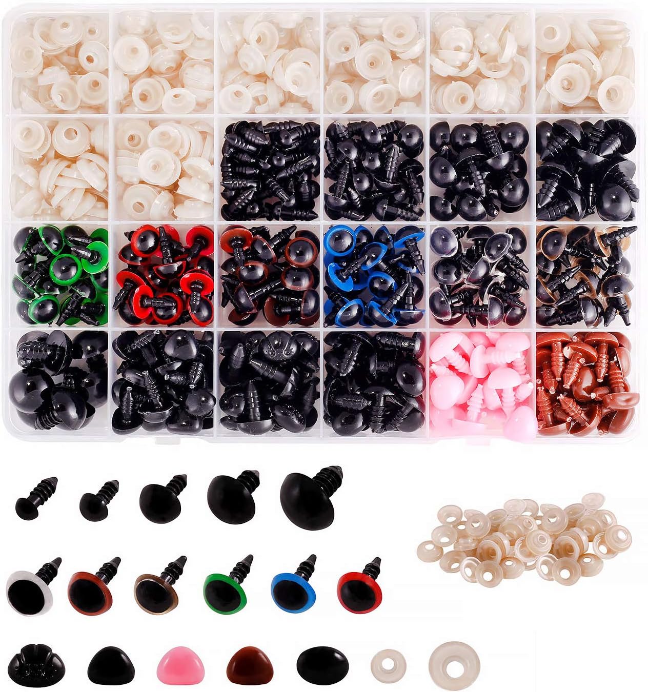 600Pcs Doll Plastic Safety Eyes and Noses with Washers for Crocheting Stuffed Animals Multicolor Round & Oval (6-14mm)