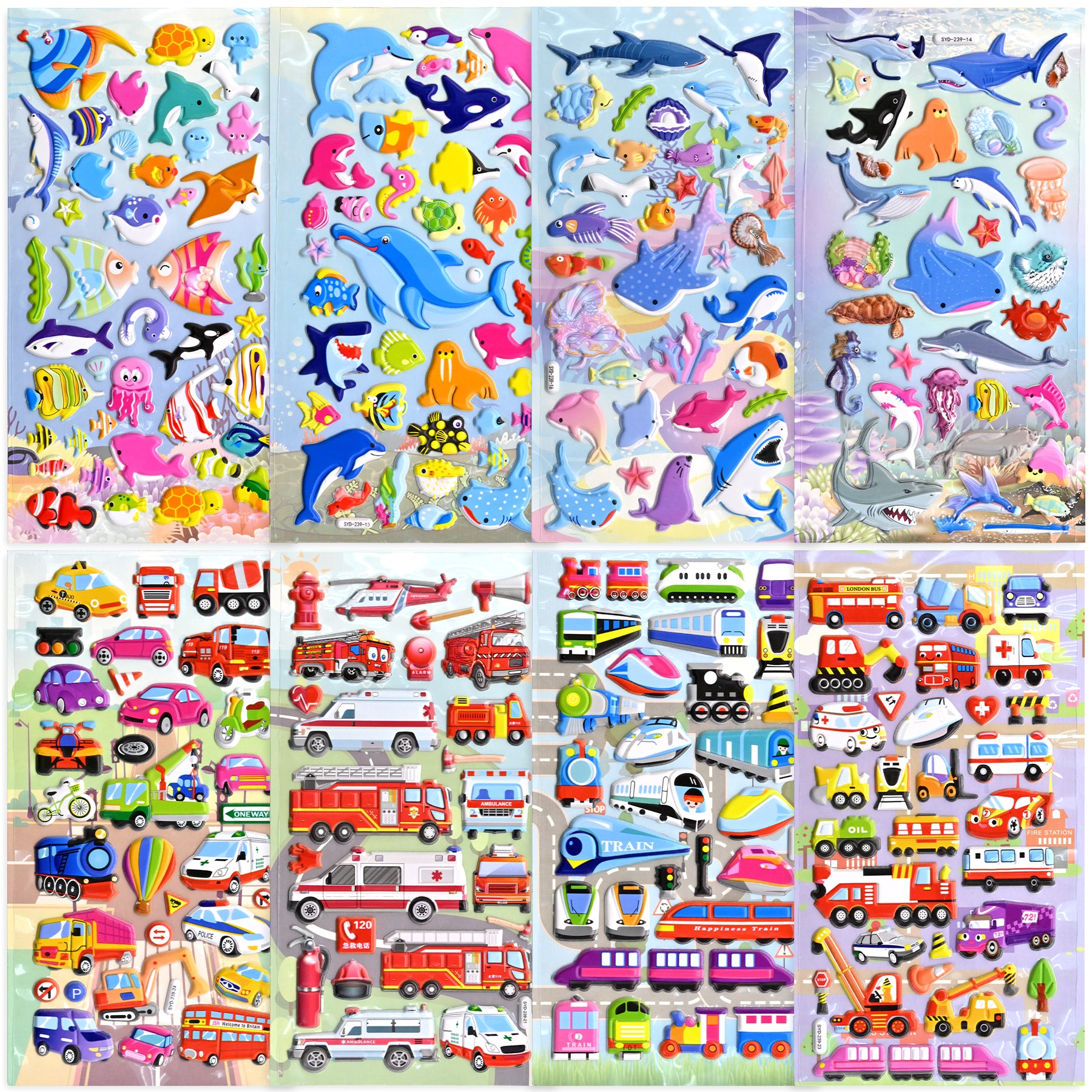 Meafeng 265 PCS 3D Puffy Stickers for Kids – 8 Fun Themes with Ocean Animals & Vehicles, Waterproof Stickers for Toddler Crafts, Scrapbooks, Reward Charts & Classroom Activities