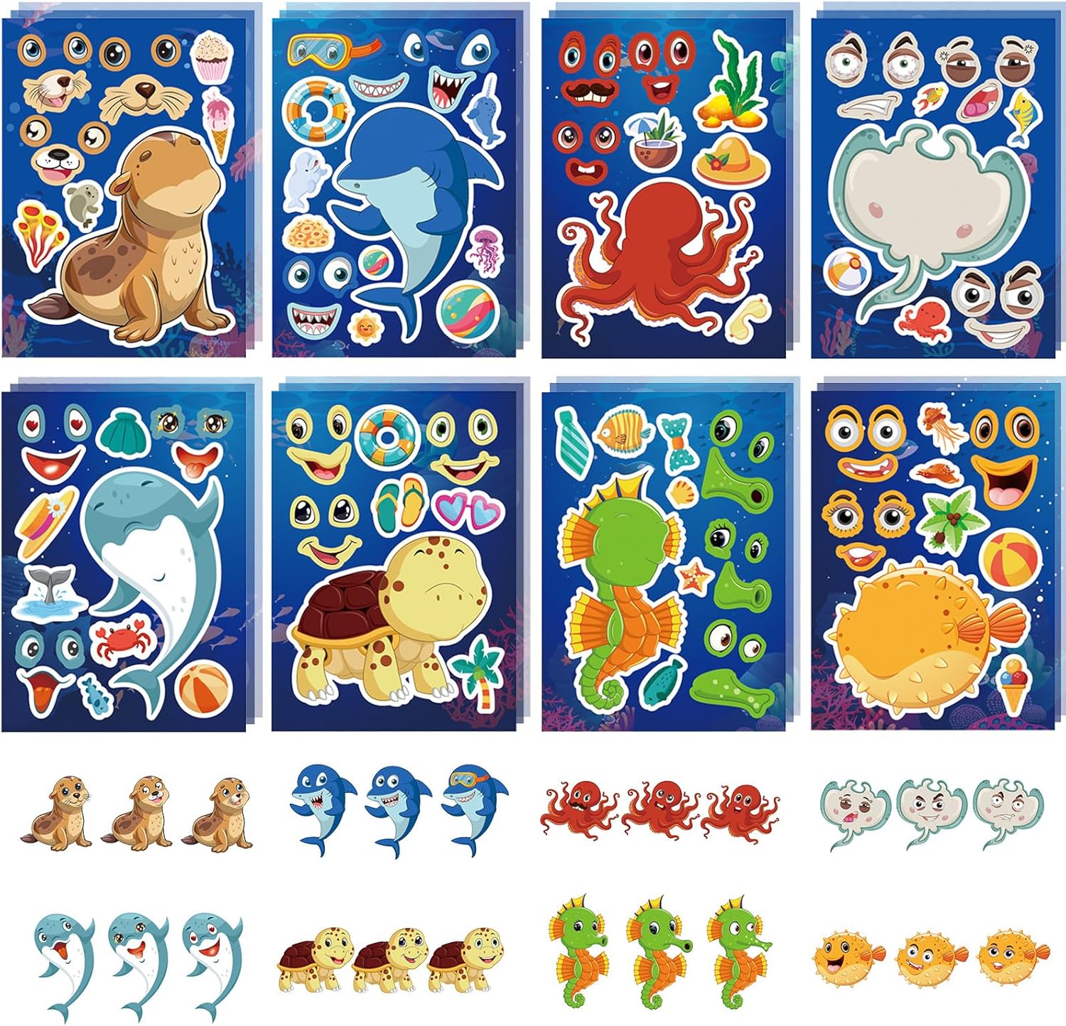 24 Sheets Sea Animal Make a Face Stickers, Make Your Own Animal Mix and Match Stickers for Kids Birthday Party Favors