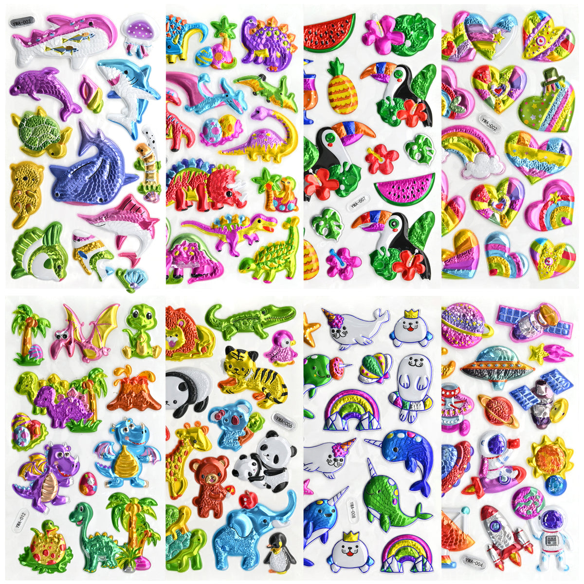 104 PCS 3D Glitter Stickers for Kids – 8 Sheets Sparkly Puffy Animal Stickers, Reusable Waterproof Stickers for Crafts, Scrapbooks, Notebooks, Classroom Use