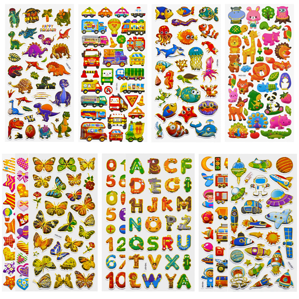 3D Stickers for Kids Toddlers 12 Sheets, 379 Pcs Gold Stamping Puffy Stickers for Boys Girls, Preschool Sticker for Reward, Scrapbooking Including Animal, Letters, Numbers, Dinosaurs, Cars and More