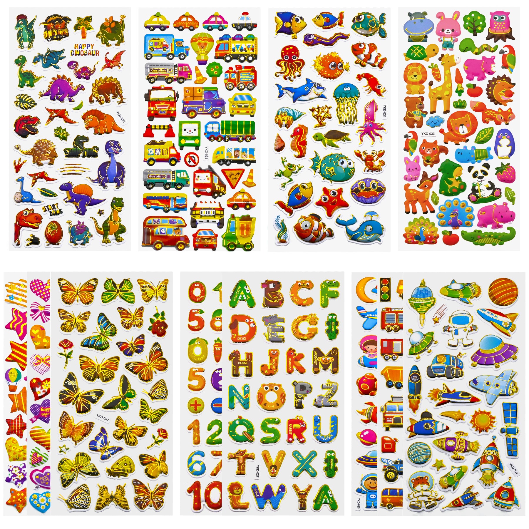 3D Stickers for Kids Toddlers 12 Sheets, 379 Pcs Gold Stamping Puffy Stickers for Boys Girls, Preschool Sticker for Reward, Scrapbooking Including Animal, Letters, Numbers, Dinosaurs, Cars and More