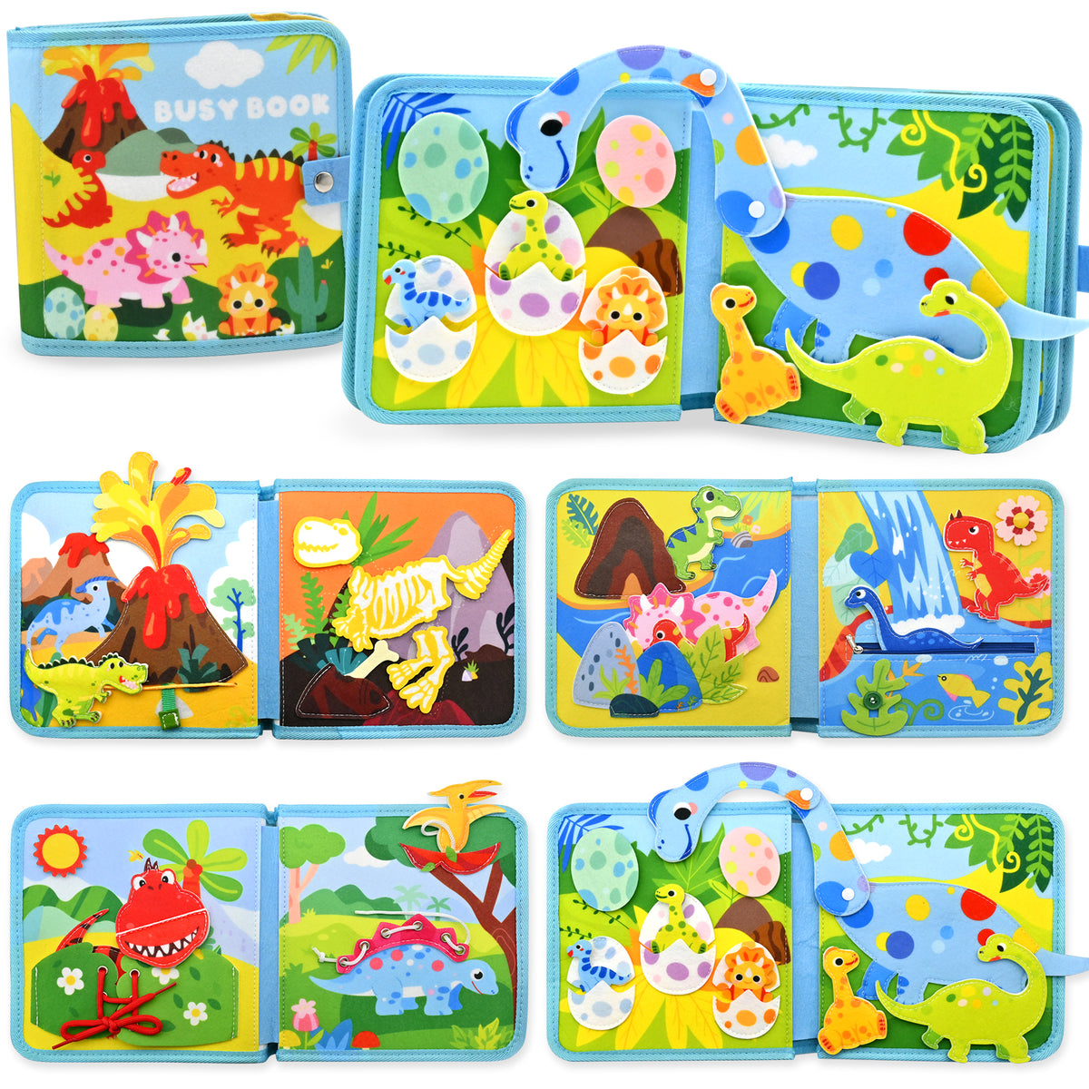 Meafeng Dinosaur Busy Book for Toddlers 1-3, Montessori Toys Quiet Book & Busy Board for Kids, Travel Toys with Life Skills & Educational Games for Boys and Girls