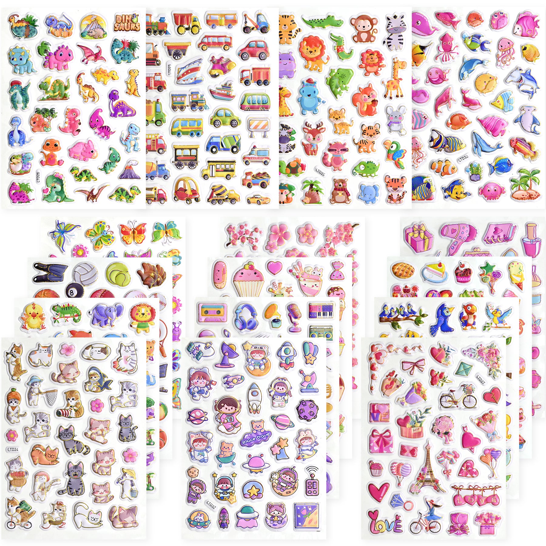 476 PCS Glitter Puffy Stickers for Kids - 16 Sheets with Animals, Dinosaurs, Space, Vehicles & More, Waterproof 3D Stickers for Toddler Crafts, Scrapbooks, Reward Charts & Party Supplies