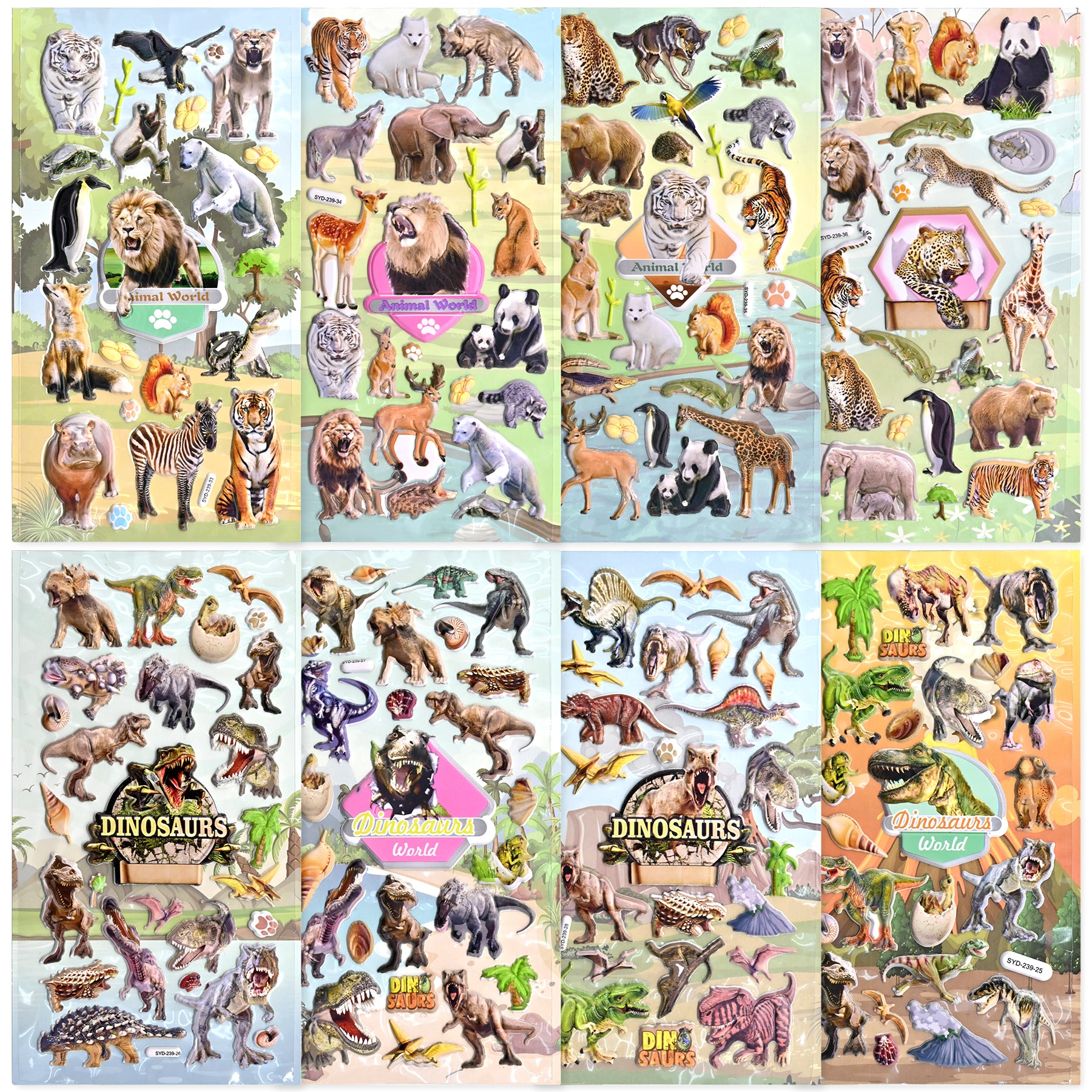 Meafeng 187 PCS Dinosaurs Jungle Animals 3D Puffy Stickers for Kids – 8 Sheets of Colorful Waterproof Stickers for Toddler Crafts, Scrapbooks, Reward Charts & Classroom Activities