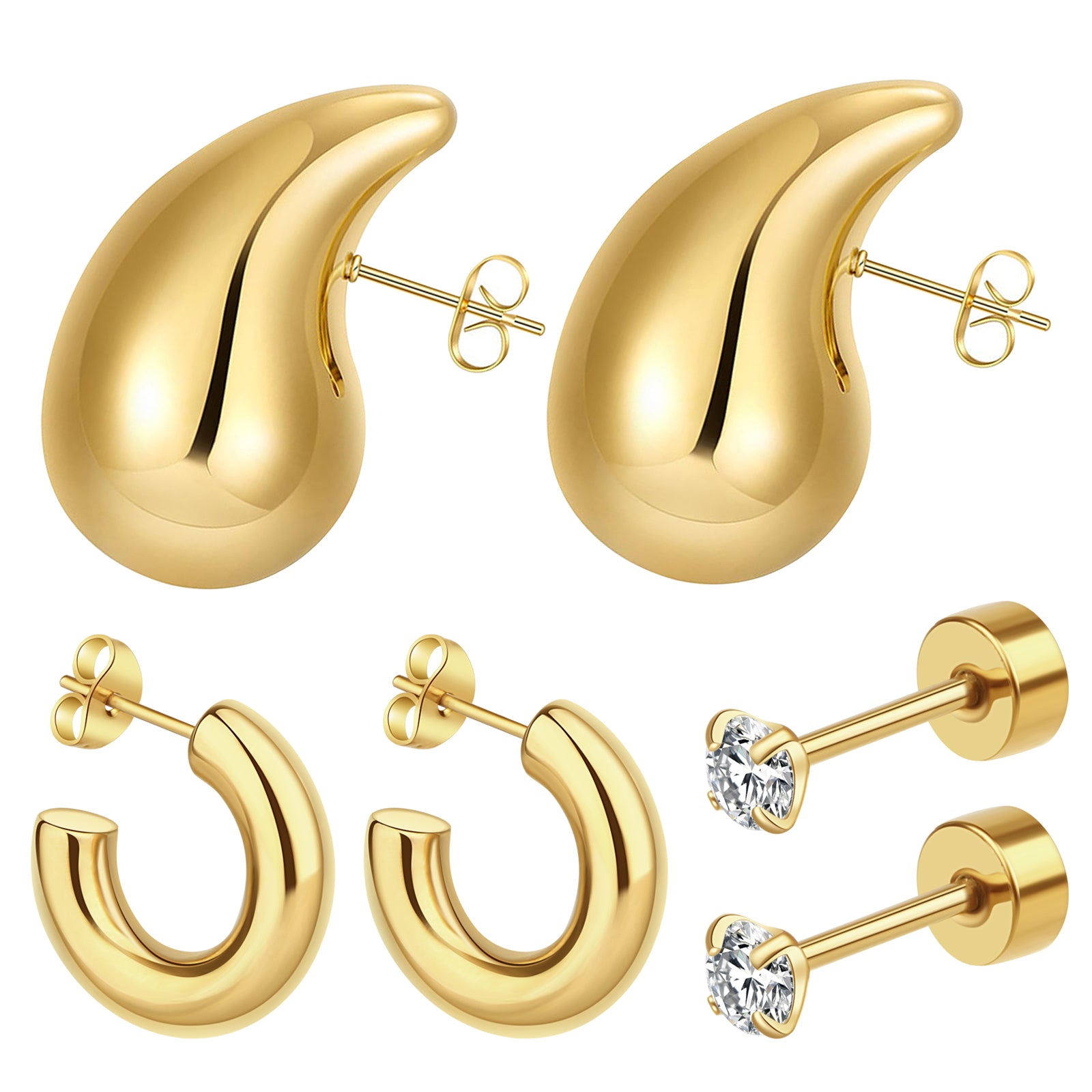3 Pairs Gold Earrings Set, 14K Gold Plated Multipack Huggie Hoop Earrings for Women