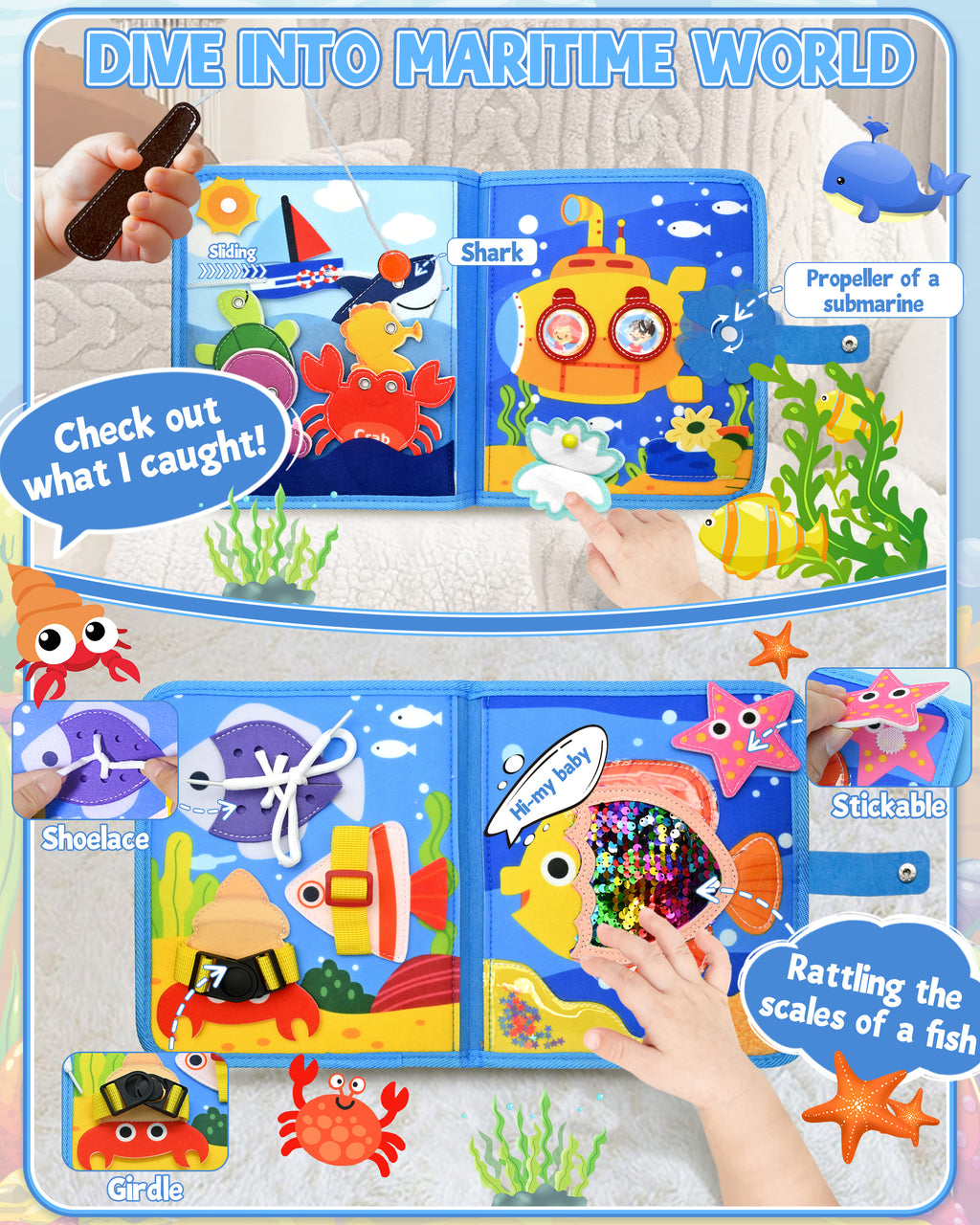 Meafeng Busy Board Toy from 1 2 3 Years, Sea Theme Quiet Book Toy from 2 Years, Activity Board for Travel Car Plane, Motor Skills Toy Children's Toy, Busy Book Gift Boys Girls