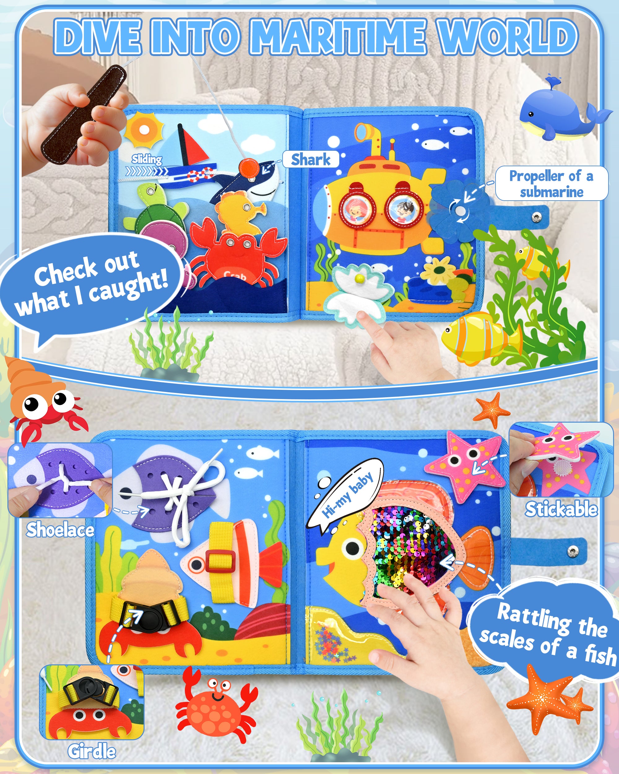 Meafeng Busy Board Toy from 1 2 3 Years, Sea Theme Quiet Book Toy from 2 Years, Activity Board for Travel Car Plane, Motor Skills Toy Children's Toy, Busy Book Gift Boys Girls