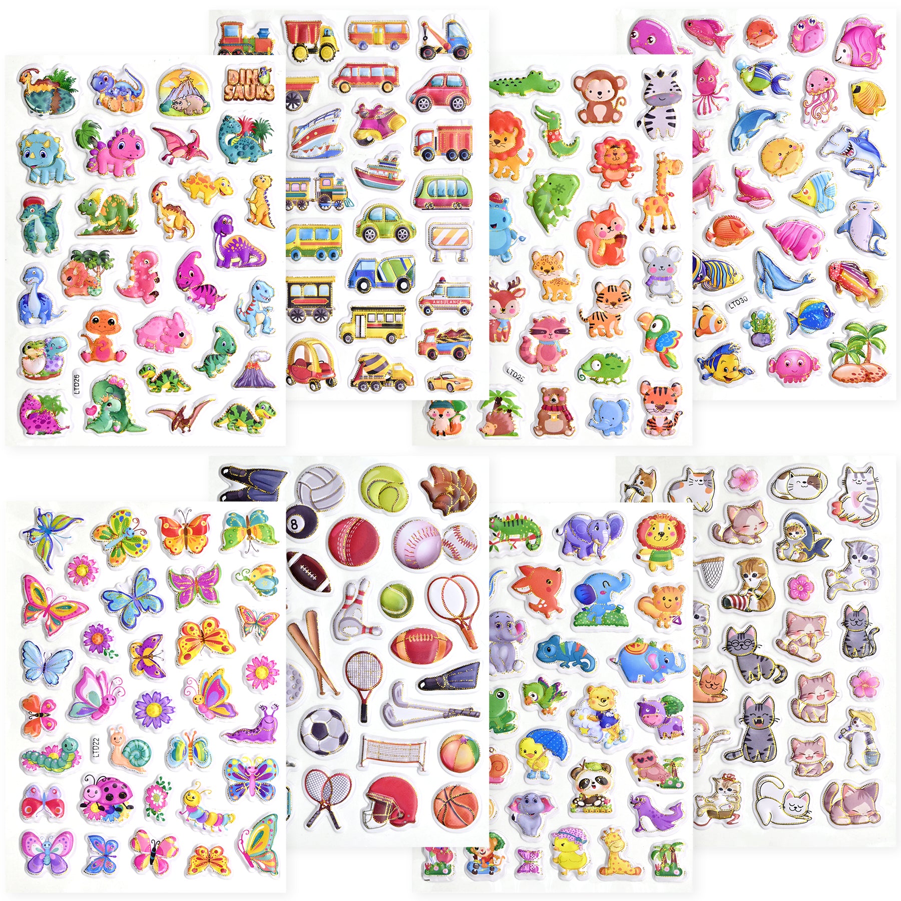 476 PCS Glitter Puffy Stickers for Kids - 16 Sheets with Animals, Dinosaurs, Space, Vehicles & More, Waterproof 3D Stickers for Toddler Crafts, Scrapbooks, Reward Charts & Party Supplies