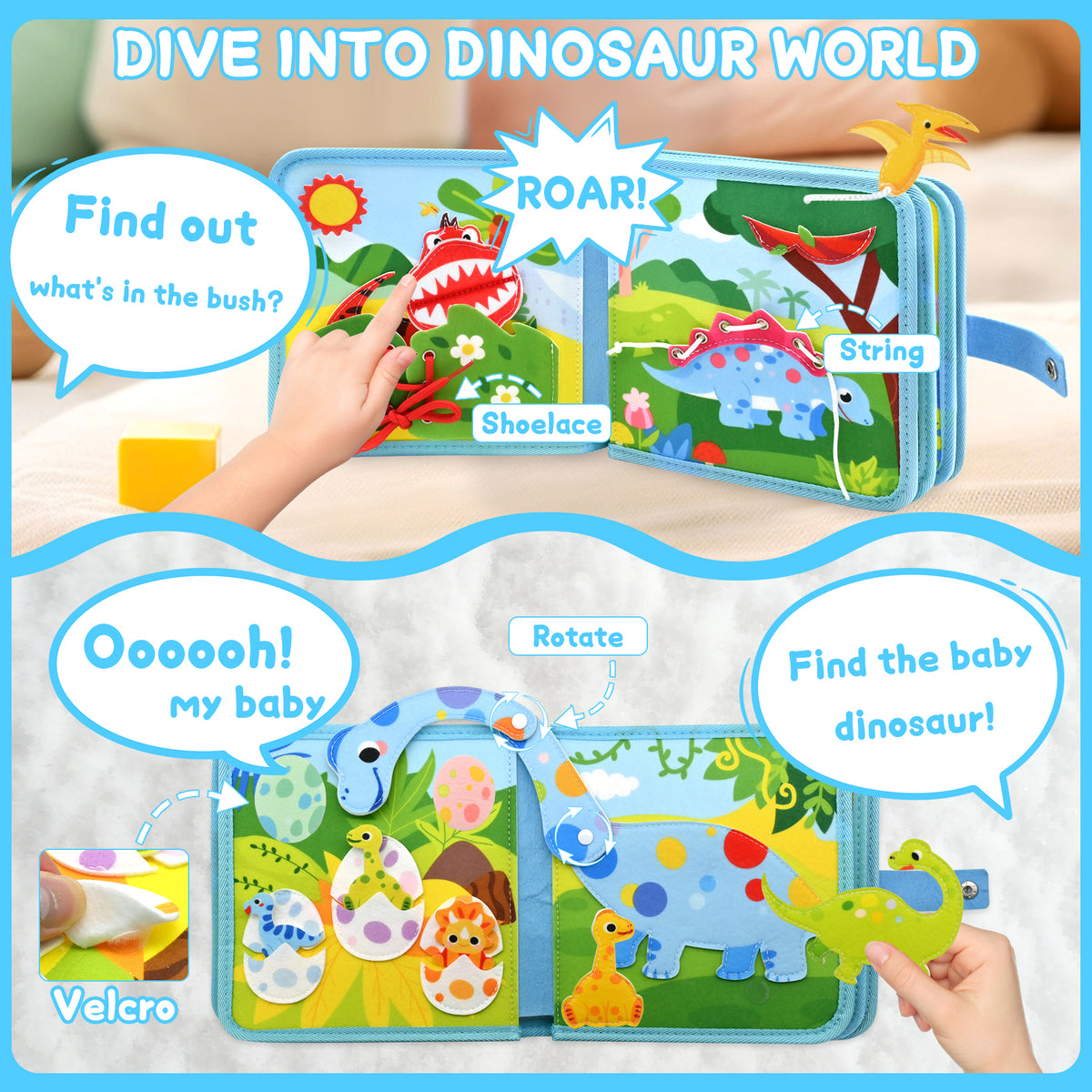 Meafeng Dinosaur Busy Book for Toddlers 1-3, Montessori Toys Quiet Book & Busy Board for Kids, Travel Toys with Life Skills & Educational Games for Boys and Girls