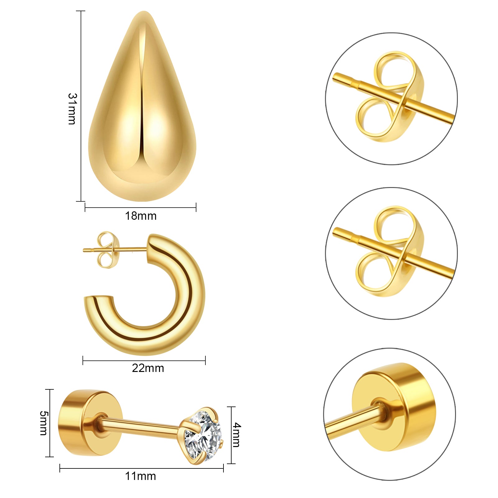 3 Pairs Gold Earrings Set, 14K Gold Plated Multipack Huggie Hoop Earrings for Women