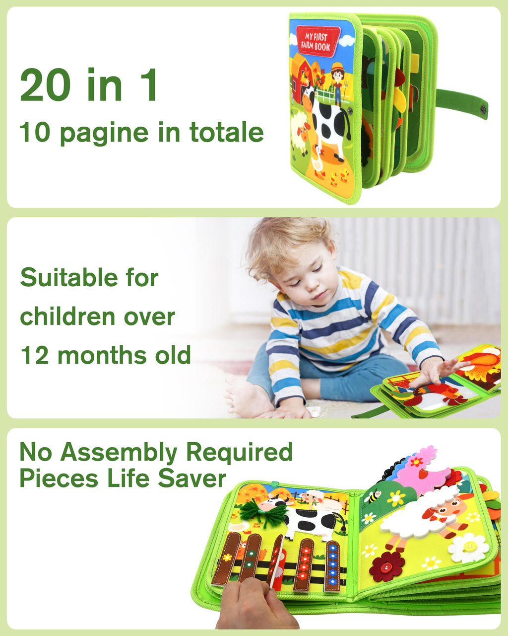 Meafeng Busy Book for Toddlers 1-3 – Montessori Toys Busy Board for 1 2 3 Year Old Boys Girls, Preschool Educational Travel Quiet Activity Book with Life Skills, Sorting, Matching, and Cognitive Games