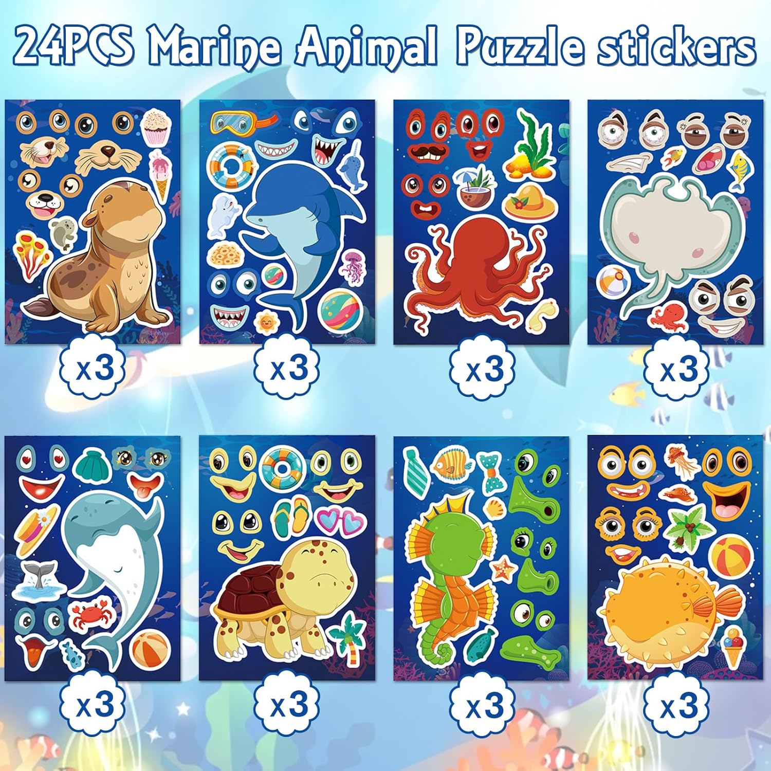 24 Sheets Sea Animal Make a Face Stickers, Make Your Own Animal Mix and Match Stickers for Kids Birthday Party Favors