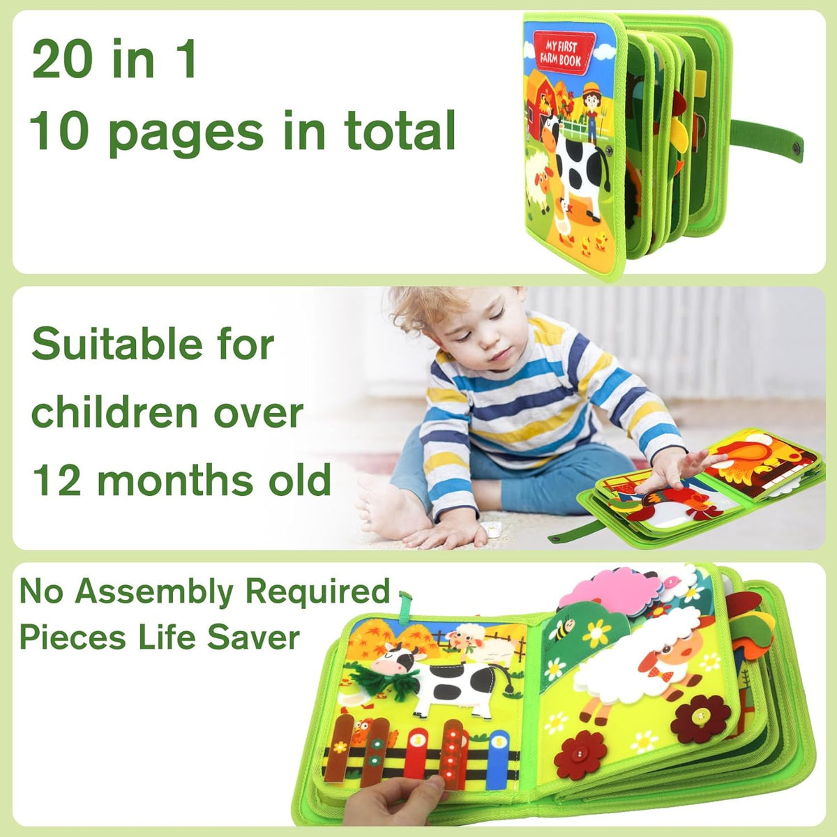 Meafeng Busy Book for Toddlers 1-3 – Montessori Toys Busy Board for 1 2 3 Year Old Boys Girls, Preschool Educational Travel Quiet Activity Book with Life Skills, Sorting, Matching, and Cognitive Games