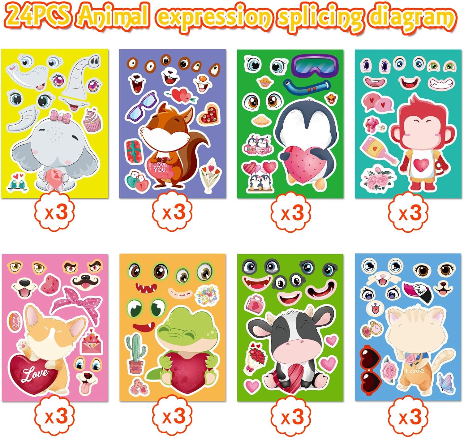 24 Sheets Make a Face Stickers for Kids, Make Your Own Animal Expression Stickers for Toddlers Birthday Party Favors