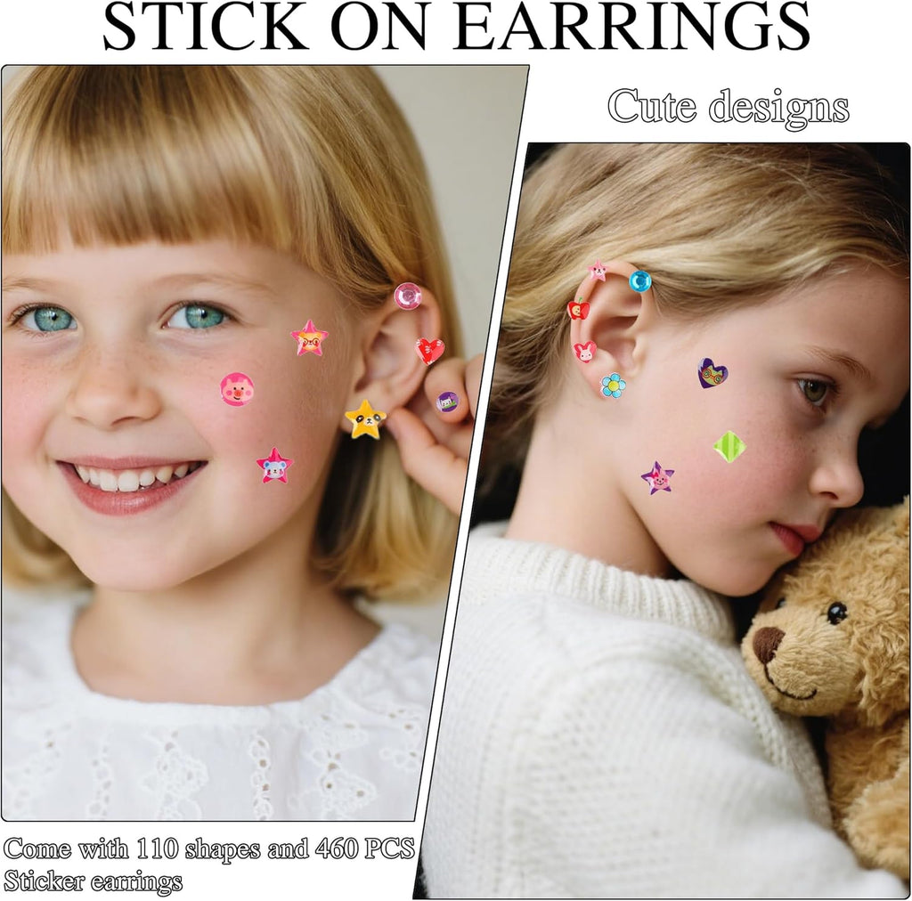 Meafeng Sticker Earrings for Girls, 460PCS Stick on Earrings for Kids Ages 4-8, 3D Gems Glitter Crystal Stickers