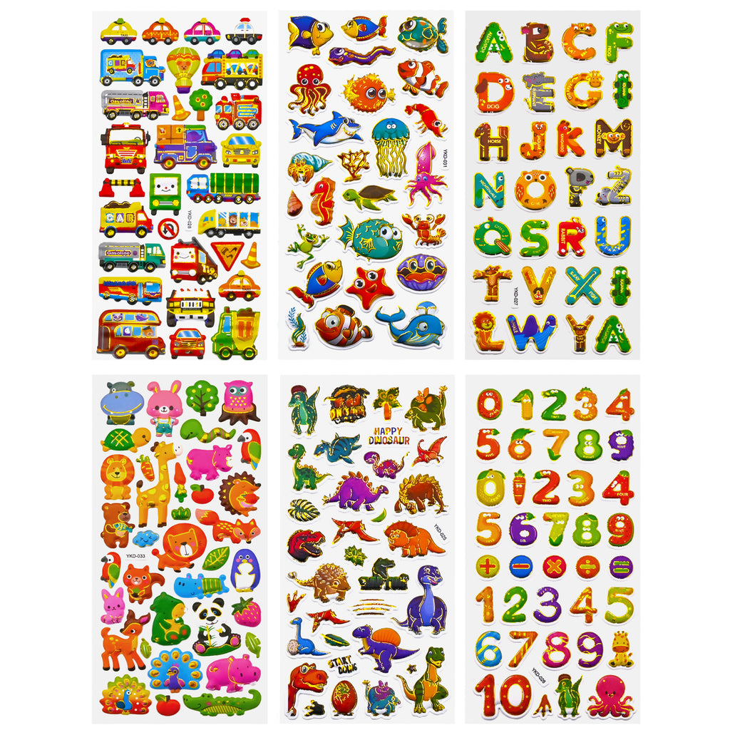 3D Stickers for Kids Toddlers 12 Sheets, 379 Pcs Gold Stamping Puffy Stickers for Boys Girls, Preschool Sticker for Reward, Scrapbooking Including Animal, Letters, Numbers, Dinosaurs, Cars and More