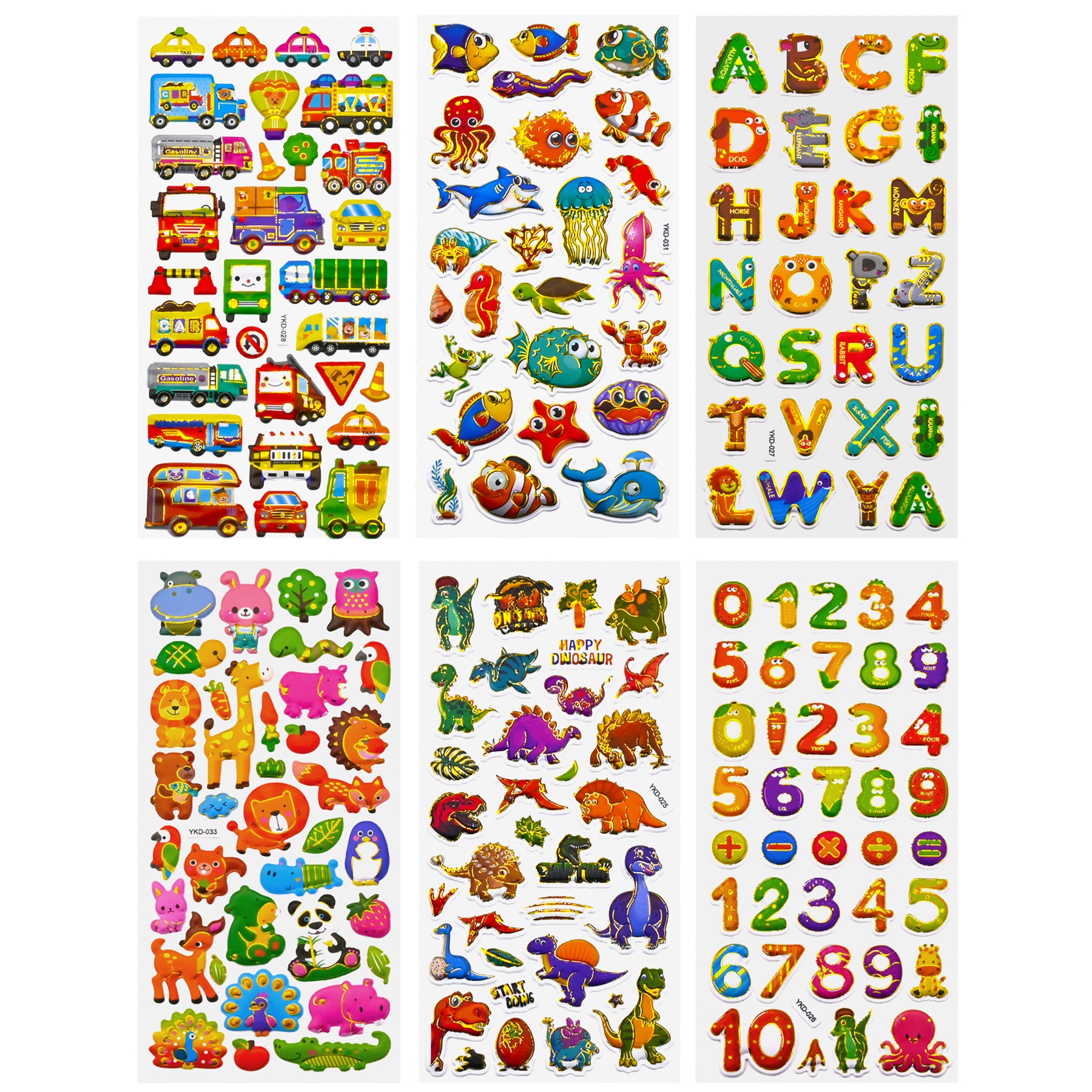 3D Stickers for Kids Toddlers 12 Sheets, 379 Pcs Gold Stamping Puffy Stickers for Boys Girls, Preschool Sticker for Reward, Scrapbooking Including Animal, Letters, Numbers, Dinosaurs, Cars and More