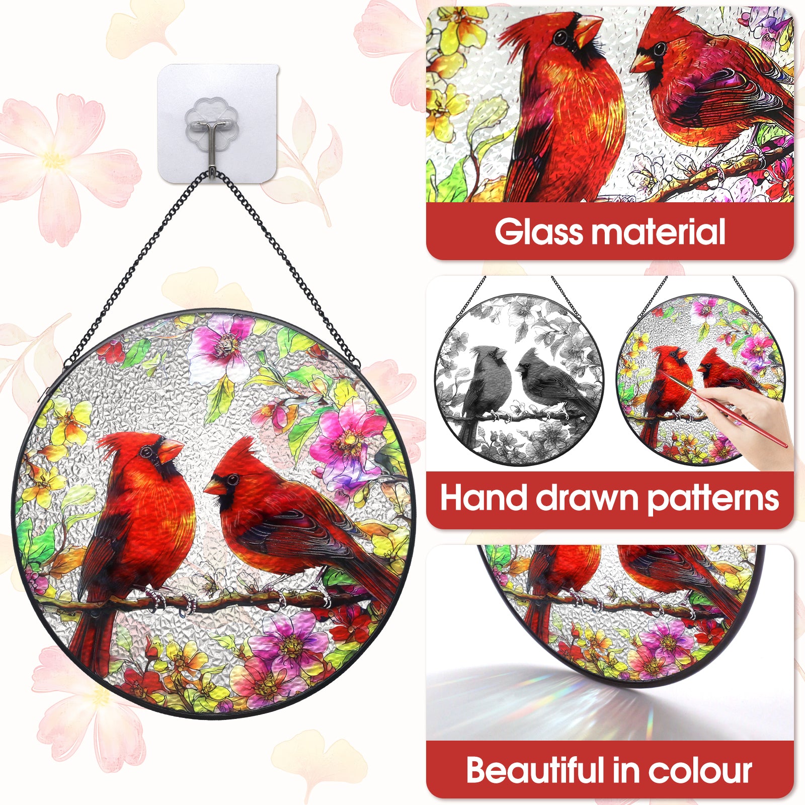 Meafeng Stained Glass Window Hanging, 7.87" Cardinal Suncatcher Red Bird Sun Catchers, Cardinal Gifts for Grandma Birds Lovers, 1 Count