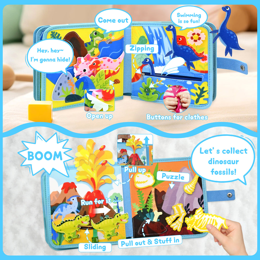 Meafeng Dinosaur Busy Book for Toddlers 1-3, Montessori Toys Quiet Book & Busy Board for Kids, Travel Toys with Life Skills & Educational Games for Boys and Girls
