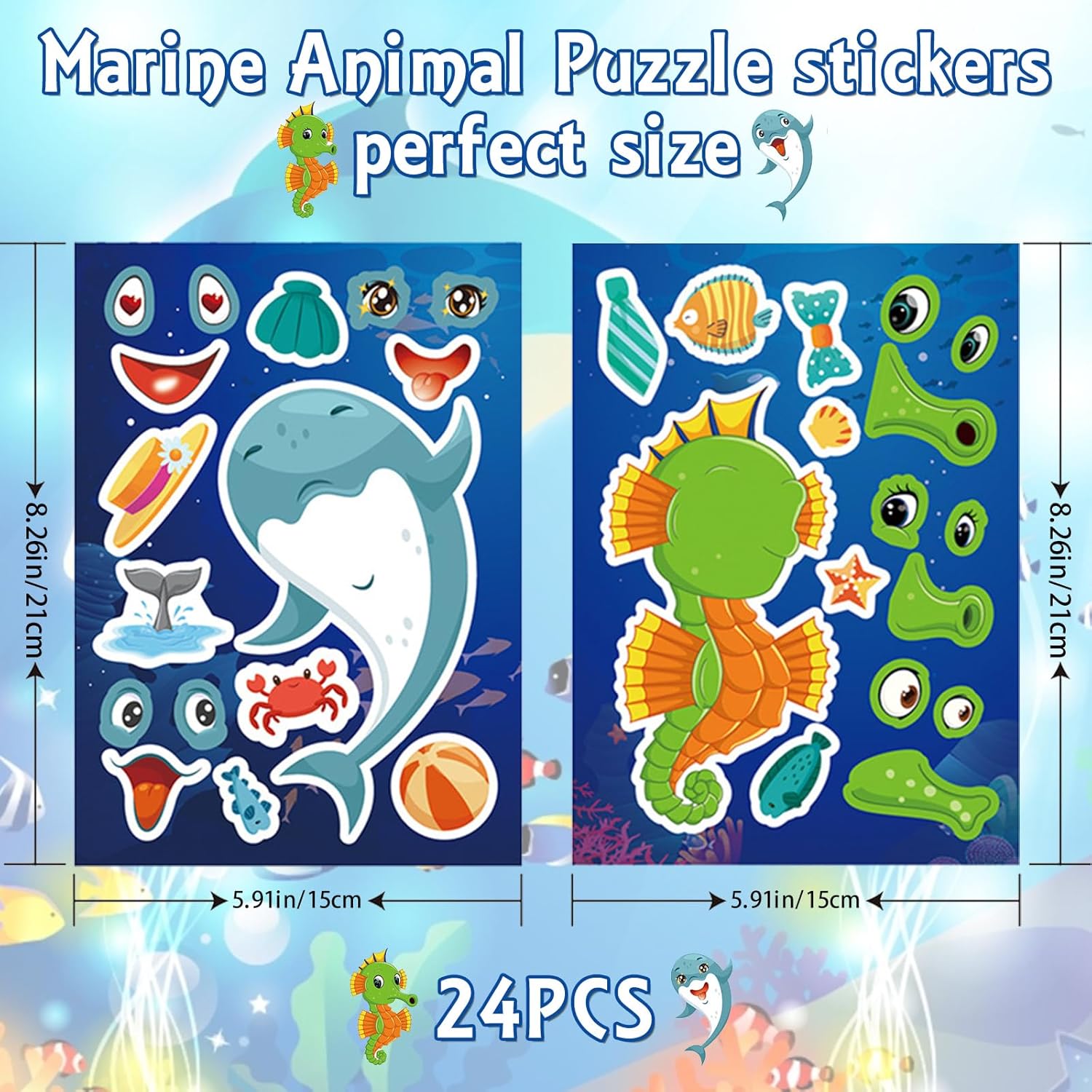 24 Sheets Sea Animal Make a Face Stickers, Make Your Own Animal Mix and Match Stickers for Kids Birthday Party Favors