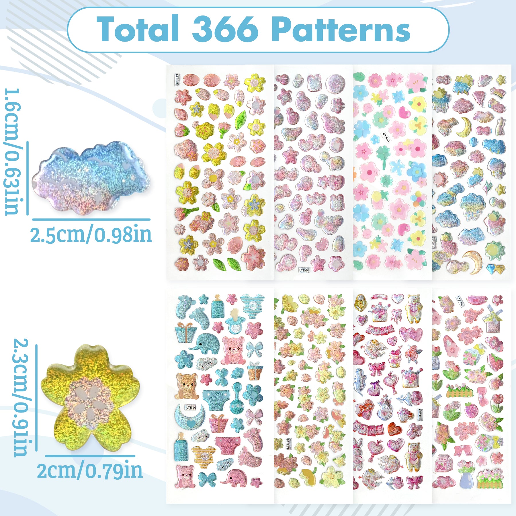 366 PCS Glitter Epoxy Crystal Stickers for Kids – 8 Sheets Sparkly 3D Waterproof Stickers for Crafts, Scrapbooks, Reward Charts, Journals, DIY Decoration & Teacher Classroom Supplies