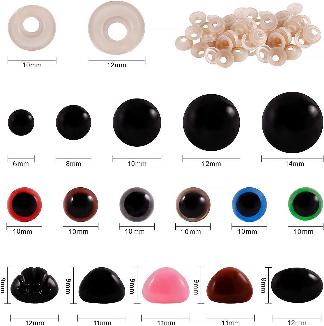 600Pcs Doll Plastic Safety Eyes and Noses with Washers for Crocheting Stuffed Animals Multicolor Round & Oval (6-14mm)