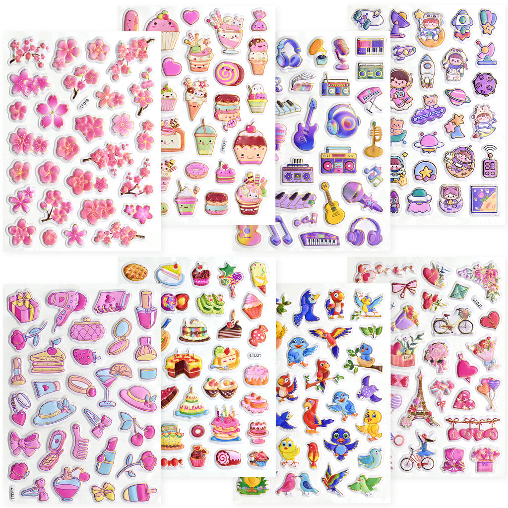 476 PCS Glitter Puffy Stickers for Kids - 16 Sheets with Animals, Dinosaurs, Space, Vehicles & More, Waterproof 3D Stickers for Toddler Crafts, Scrapbooks, Reward Charts & Party Supplies