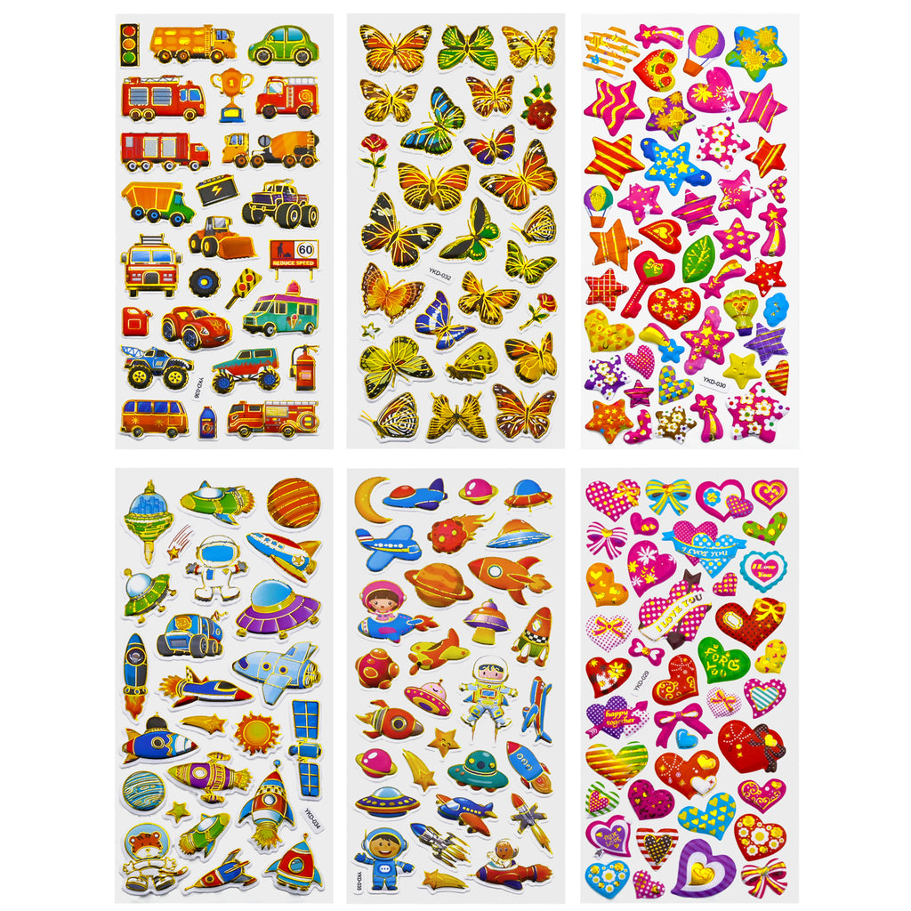 3D Stickers for Kids Toddlers 12 Sheets, 379 Pcs Gold Stamping Puffy Stickers for Boys Girls, Preschool Sticker for Reward, Scrapbooking Including Animal, Letters, Numbers, Dinosaurs, Cars and More