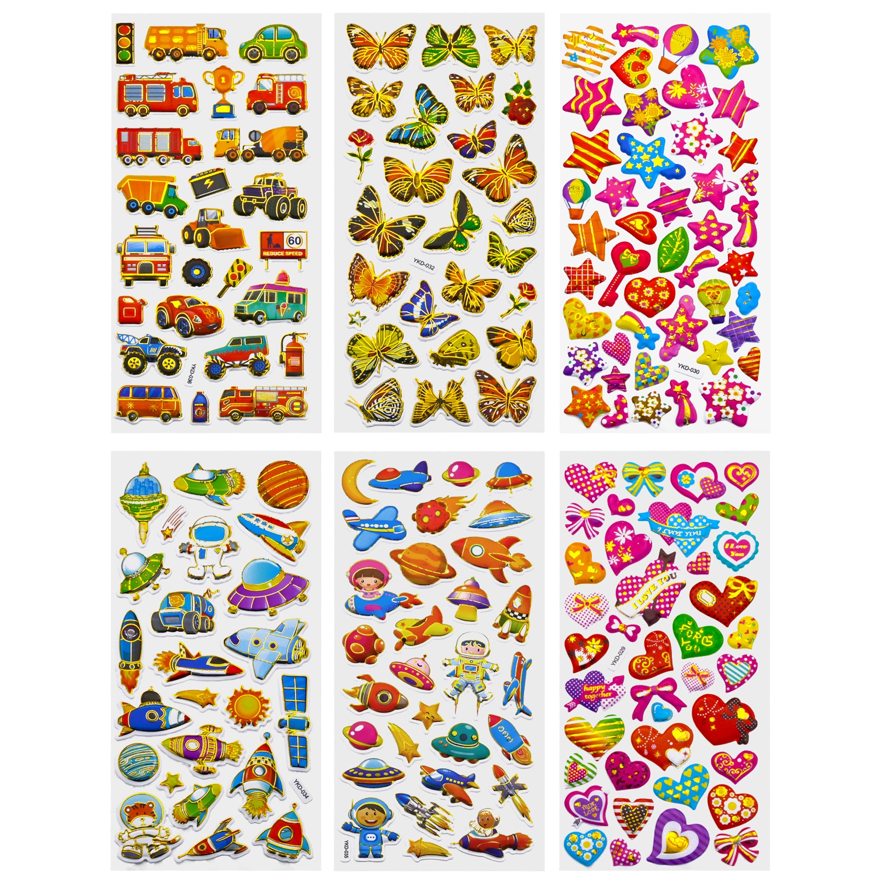 3D Stickers for Kids Toddlers 12 Sheets, 379 Pcs Gold Stamping Puffy Stickers for Boys Girls, Preschool Sticker for Reward, Scrapbooking Including Animal, Letters, Numbers, Dinosaurs, Cars and More