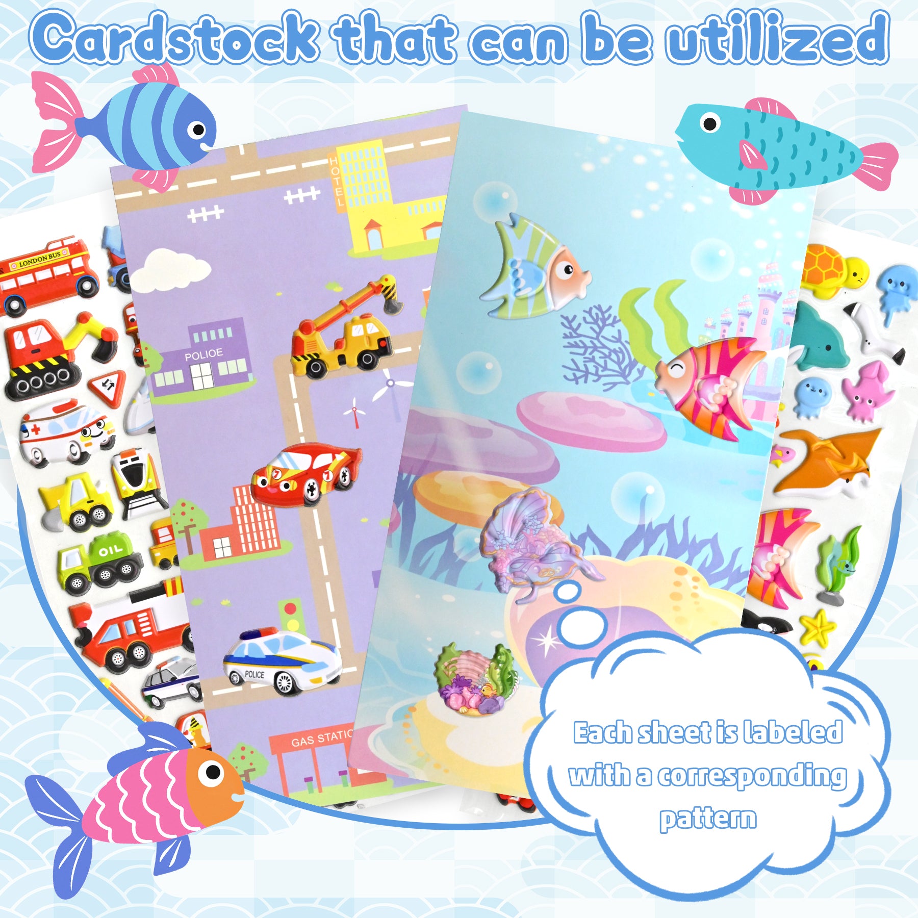 Meafeng 265 PCS 3D Puffy Stickers for Kids – 8 Fun Themes with Ocean Animals & Vehicles, Waterproof Stickers for Toddler Crafts, Scrapbooks, Reward Charts & Classroom Activities