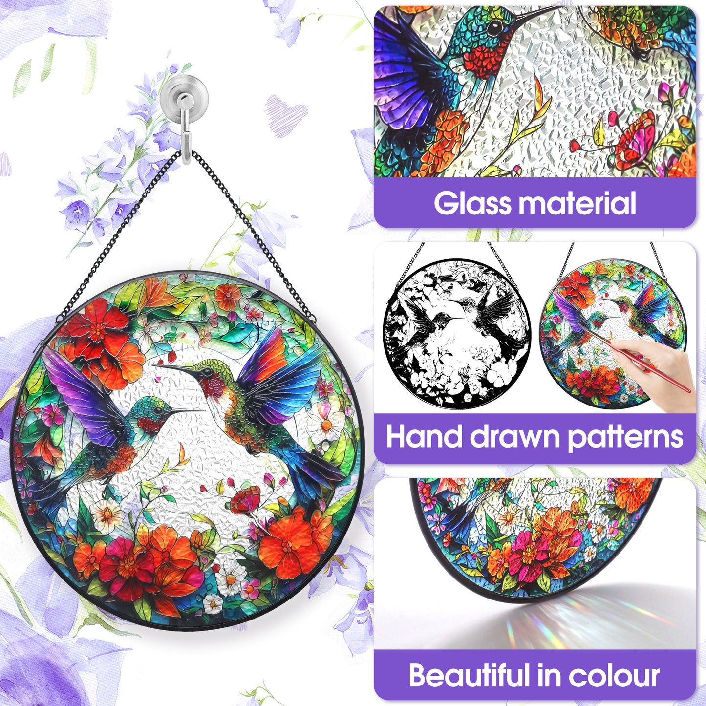 Hummingbird Suncatcher, Meafeng 7.87" Stained Glass Window Hanging, Hummingbird Gifts Sun Catchers for Indoor Window Art