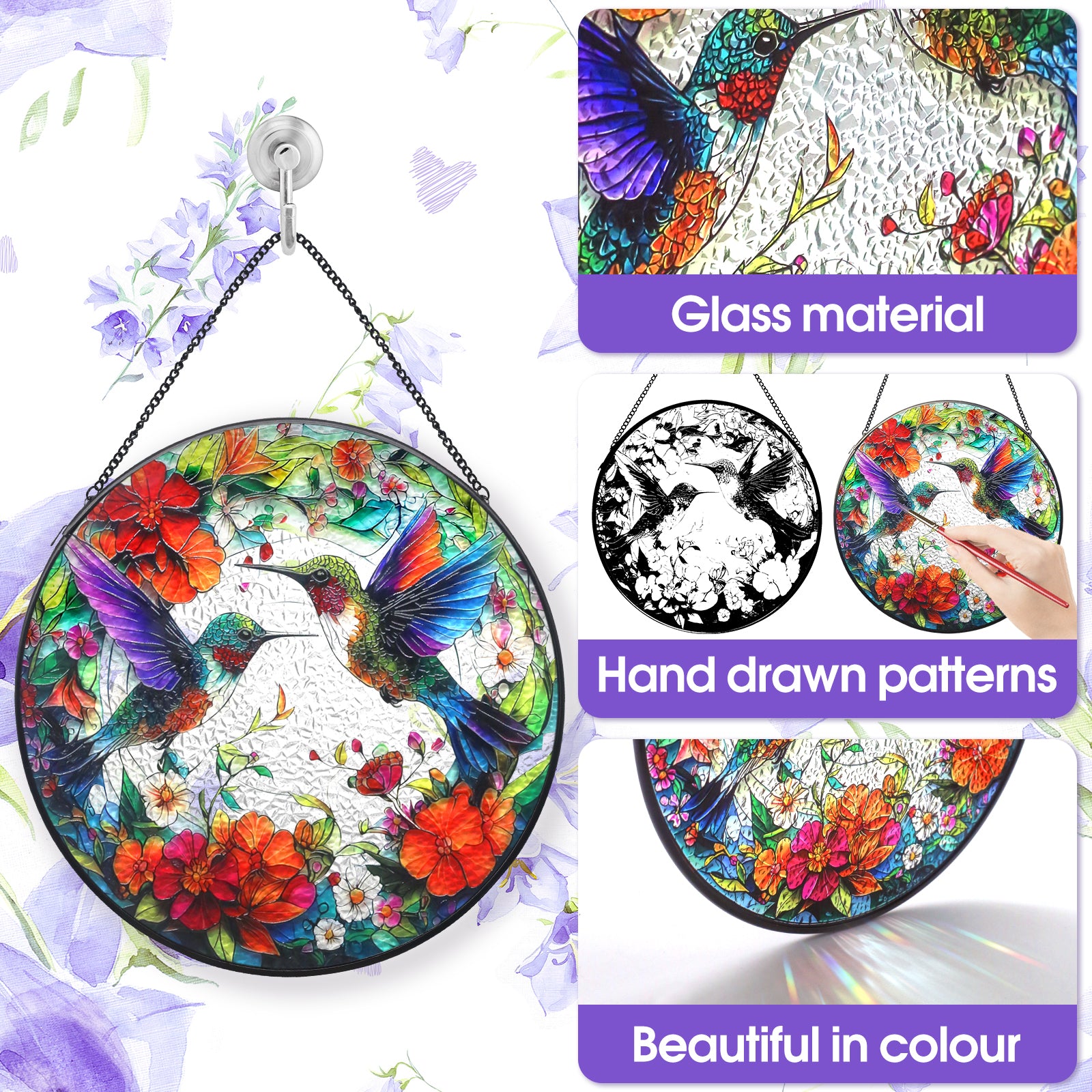 Hummingbird Suncatcher, Meafeng 7.87" Stained Glass Window Hanging, Hummingbird Gifts Sun Catchers for Indoor Window Art